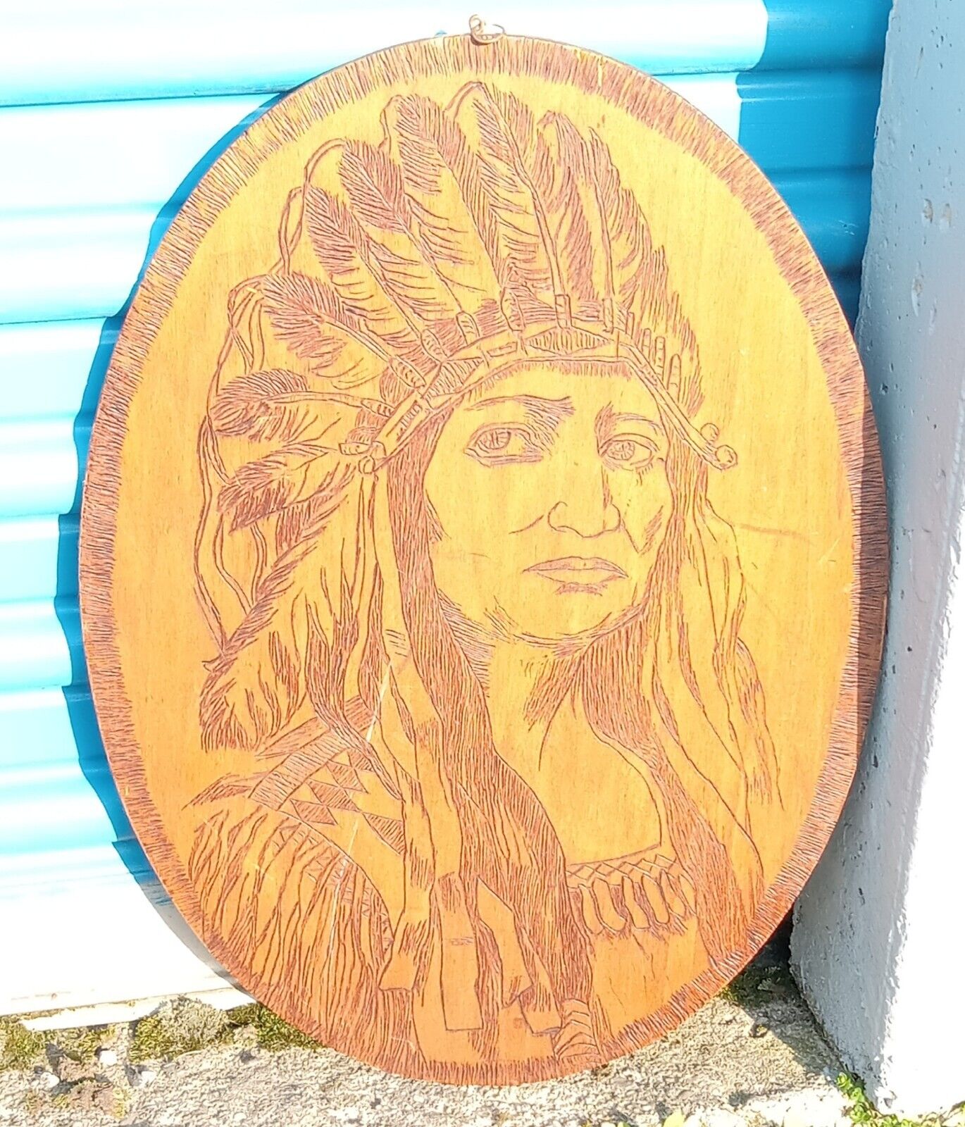 Indian Chief  Head Dress Signed 1909 Wood Burned Pyrography 