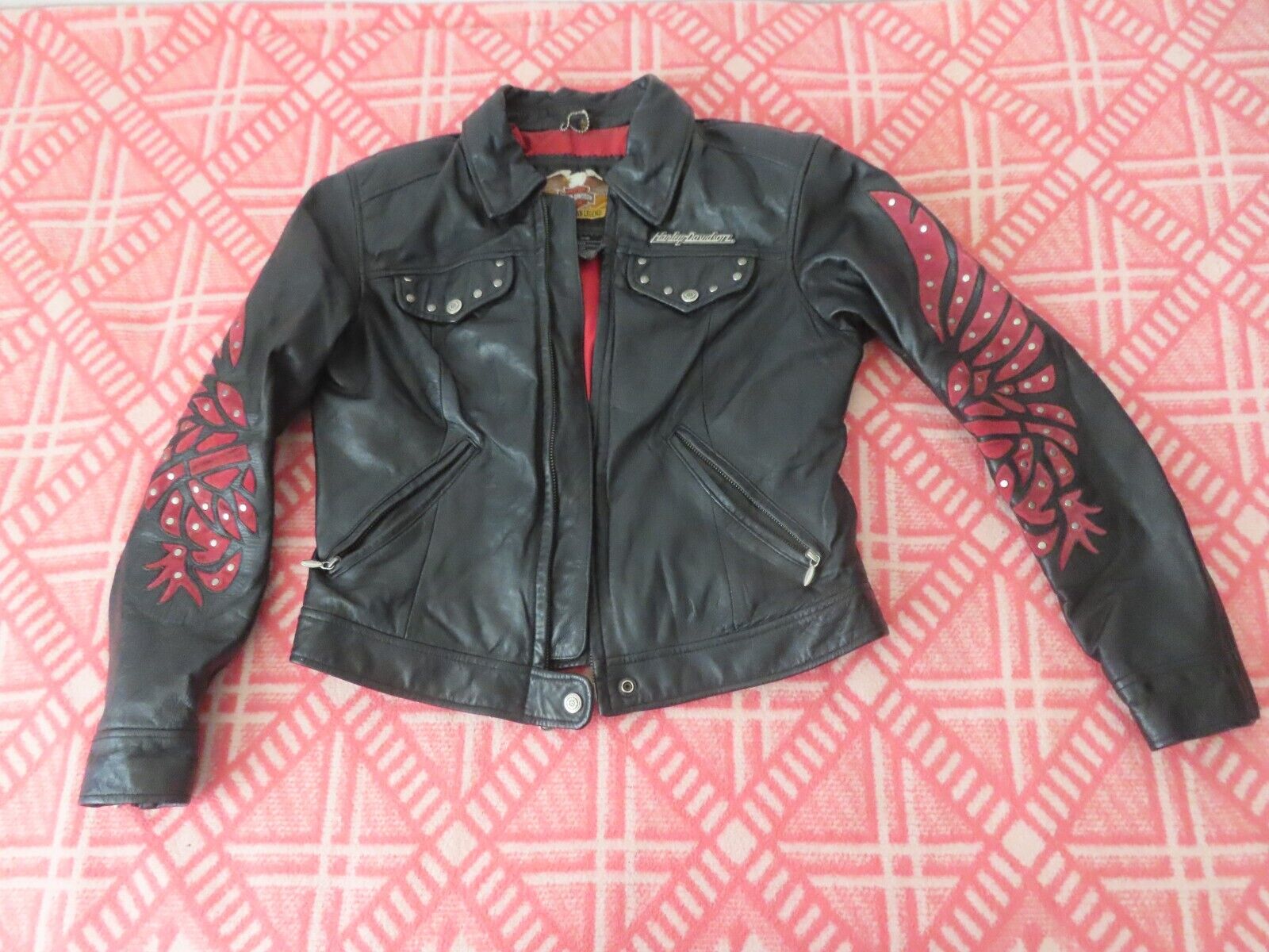 Womens Black Harley Davidson SANTA CRUZ Leather Jacket Elaborate Eagle On Arms
