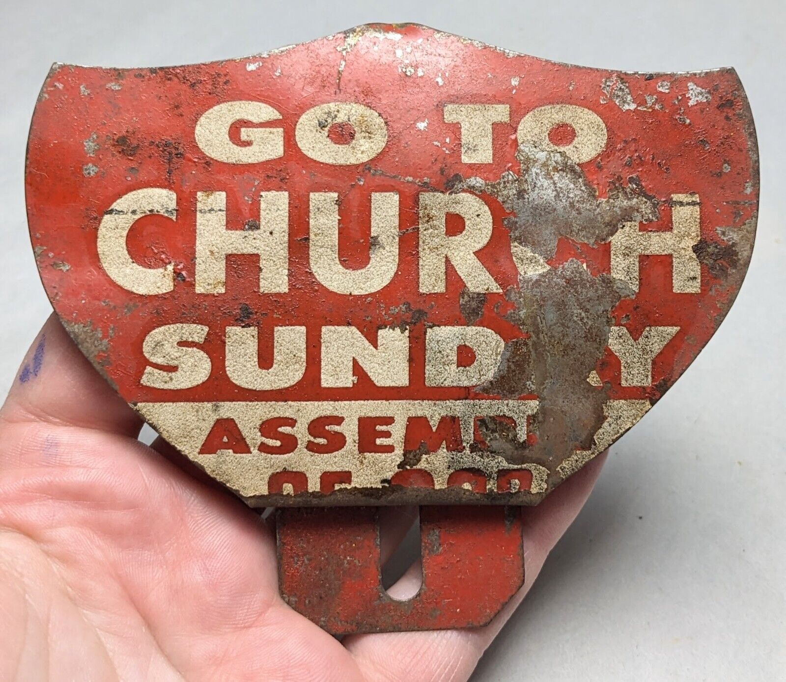 Vintage Go To Church Sunday Sign Assembly of God Red Enamel & Metal, Bent