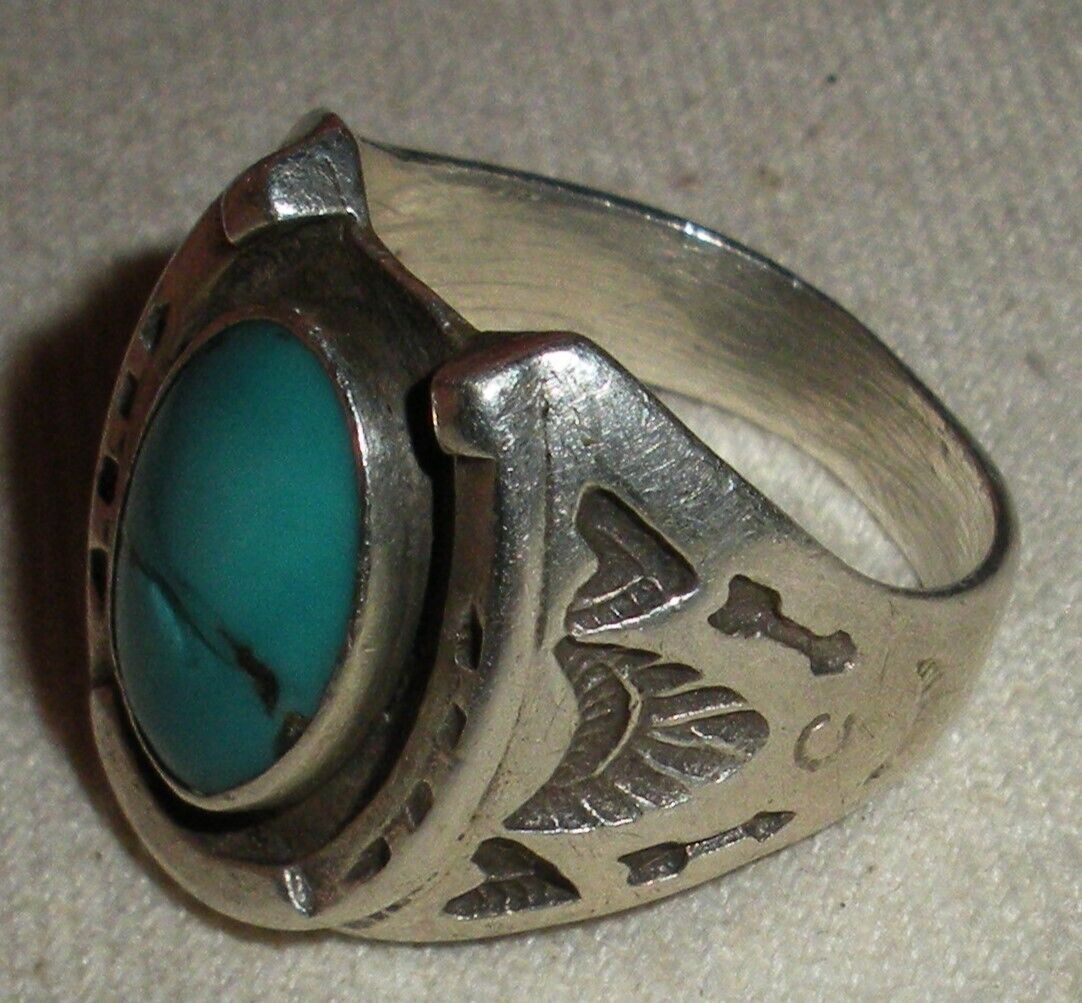 VINTAGE NAVAJO TURQUOISE HORSESHOE STERLING SILVER RING NICE STAMPS 10 1/4 vafo