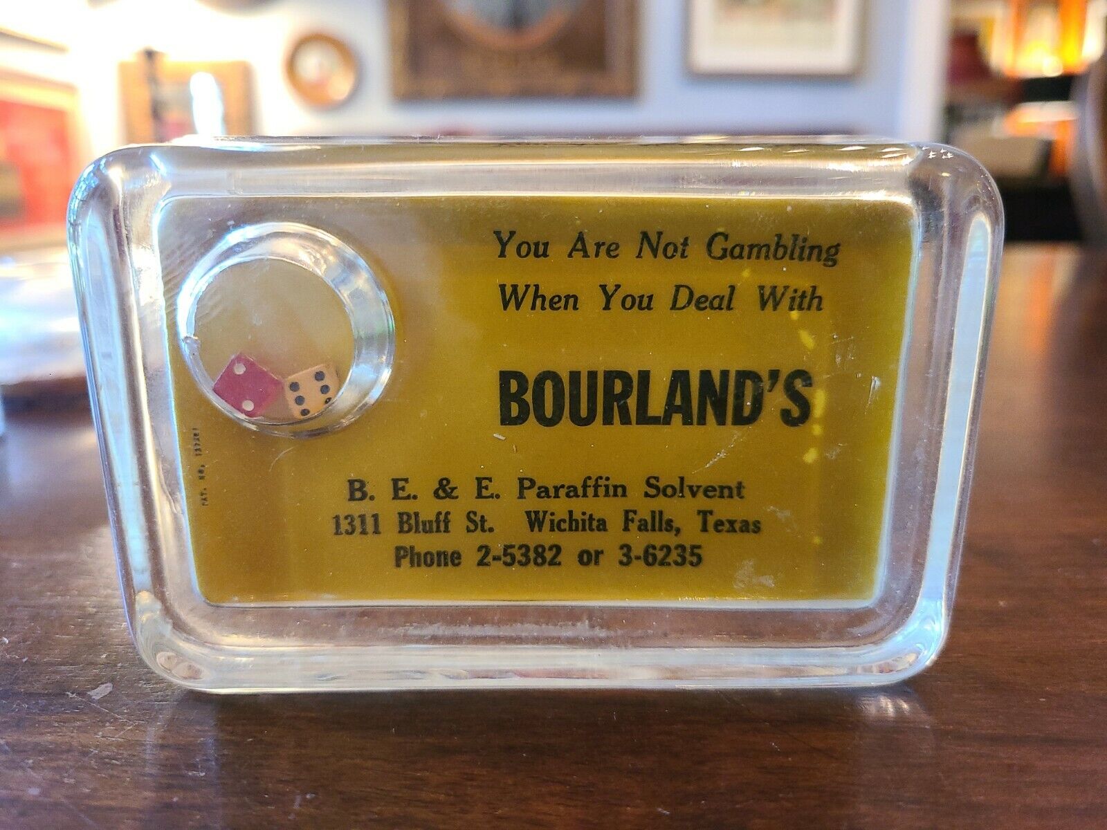 Vintage 1940\'s Glass Dice Paperweight~BOURLAND\'S. w/Mirror 4.2\