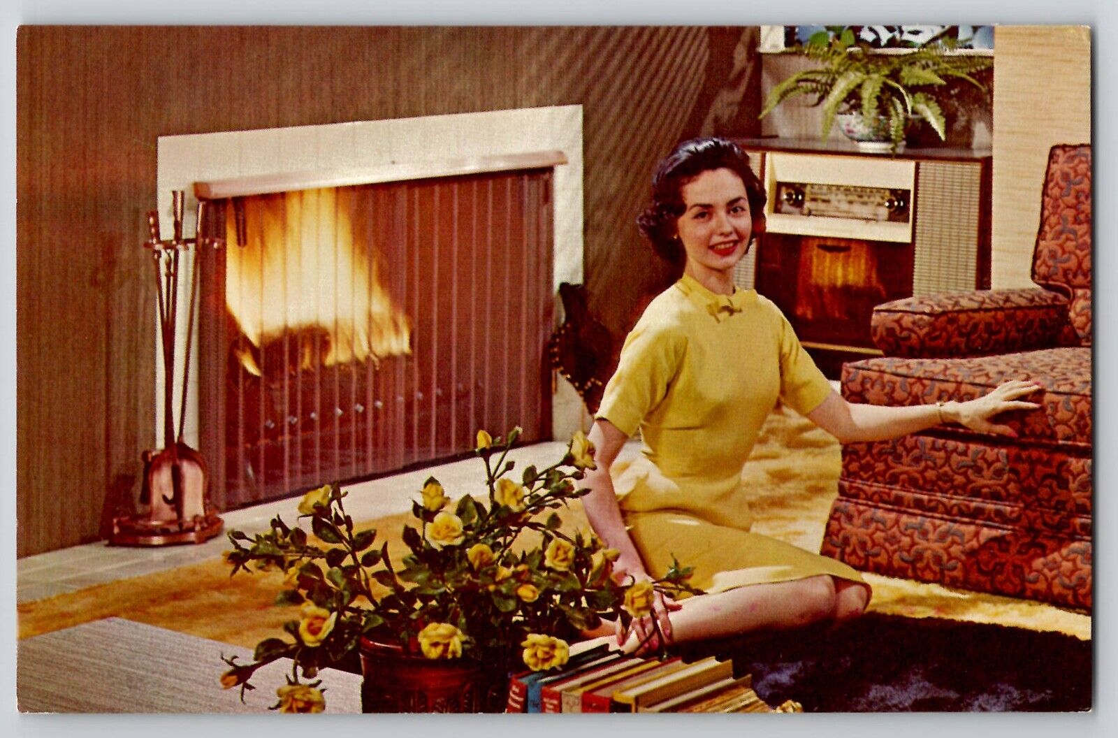 MCM Midcentury Modern Fireplace Decor DL Bromwell Ad 1960s Postcard HiFi Stereo