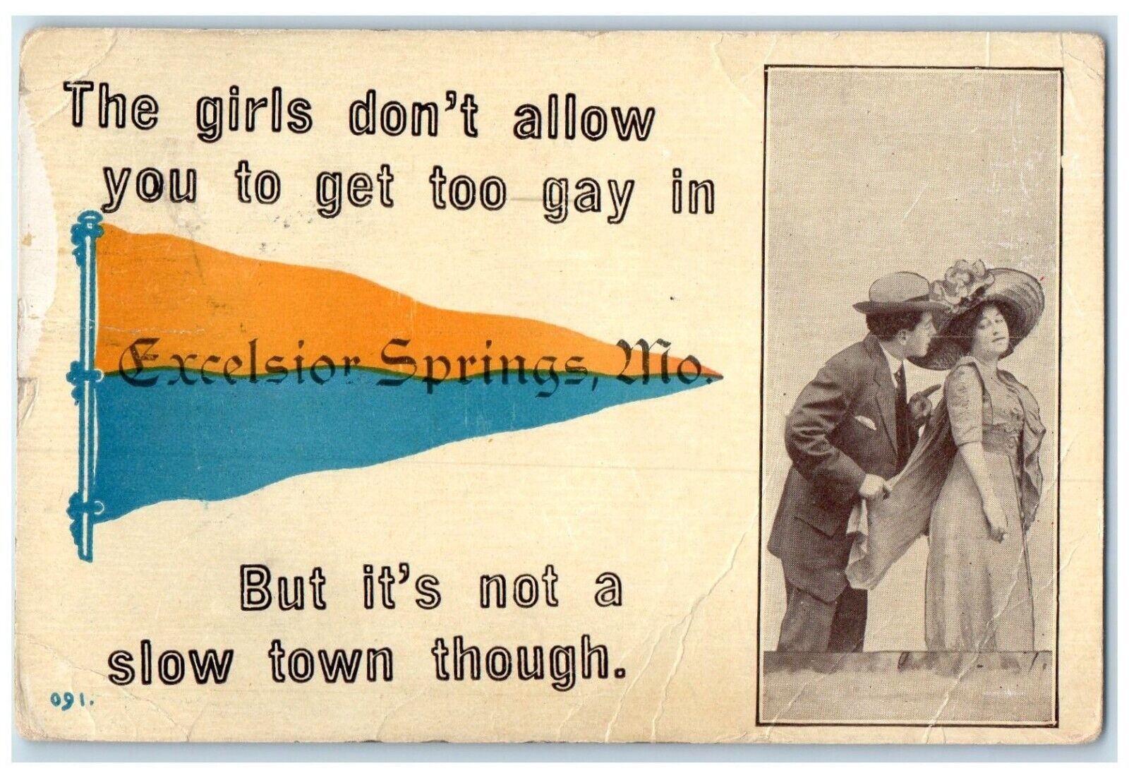 1913 Couple Romance Excelsior Springs Missouri MO Pennant Antique Postcard