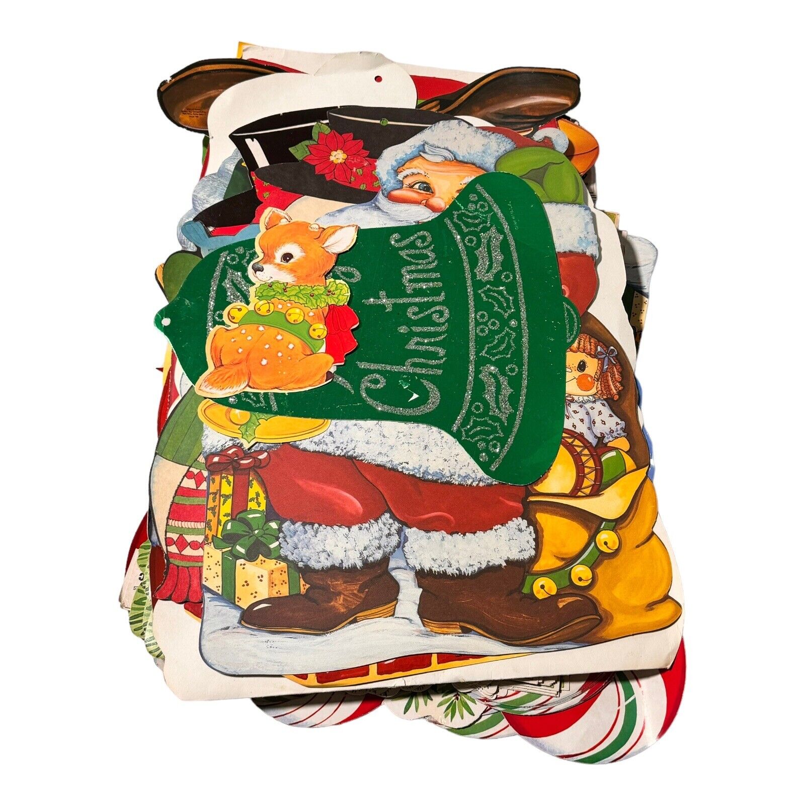 Christmas Cardboard Die Cut Lot Of 81 Santa Snowman Mistletoe Bells Vintage 80s