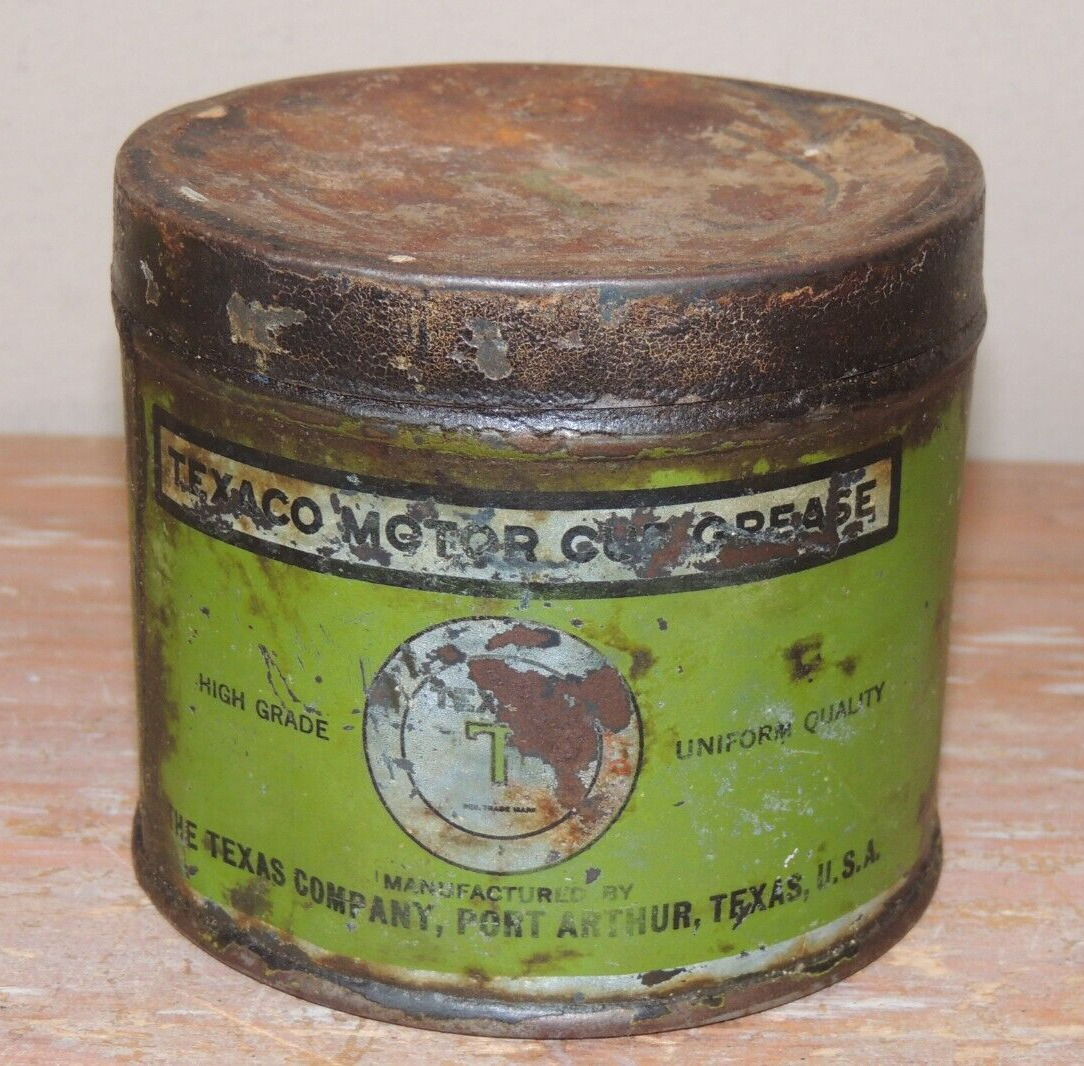 VINTAGE 1920\'s TEXACO MOTOR CUP GREASE TIN METAL CAN GREEN W/LID GREAT PATINA