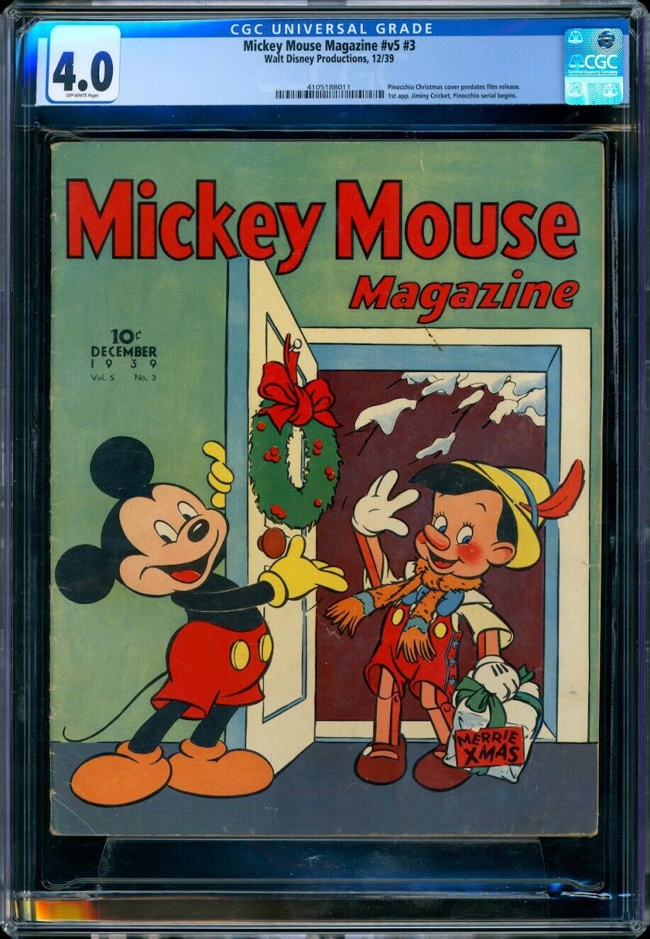 MIckey Mouse Magazine 12/1939 | CGC 4.0 | 1st Pinocchio Christmas cover | Disney
