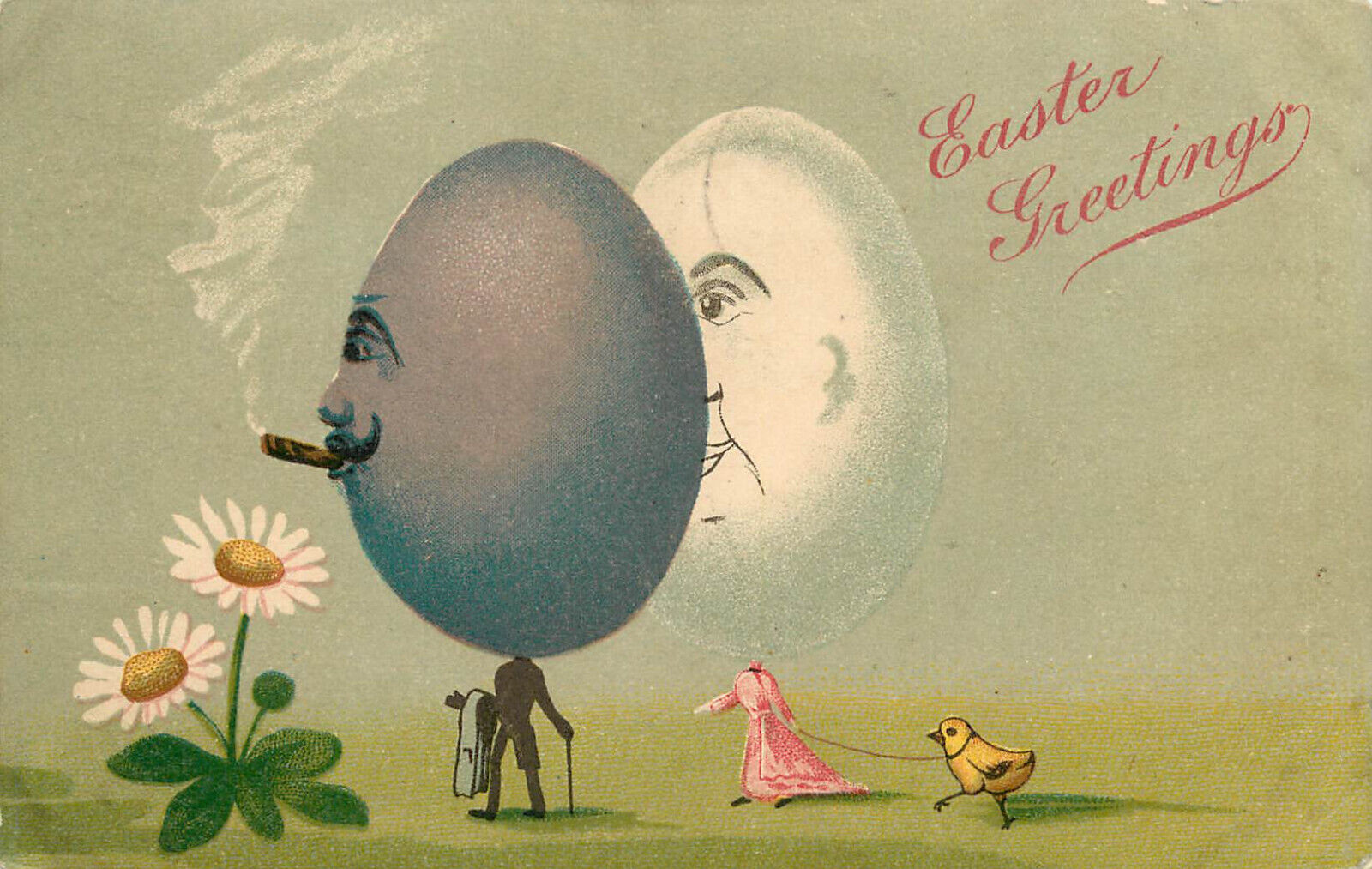 Easter Postcard Giant Anthropomorphic Egg Head People With Chick Pet 4742