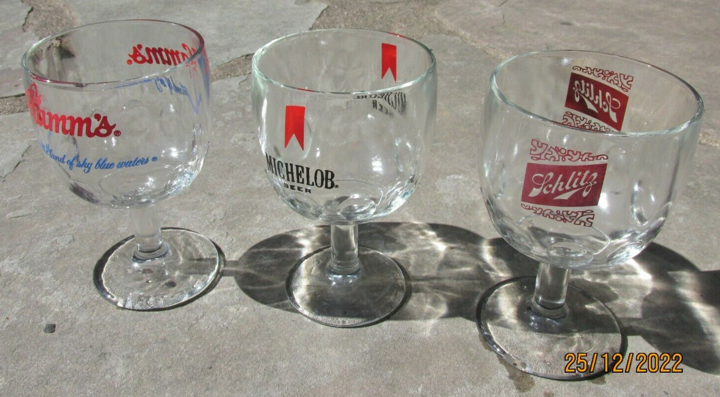 Lot of 3 Vintage Michelob Hamms Schlitz Beer Thumprint Mugs Glasses Barware