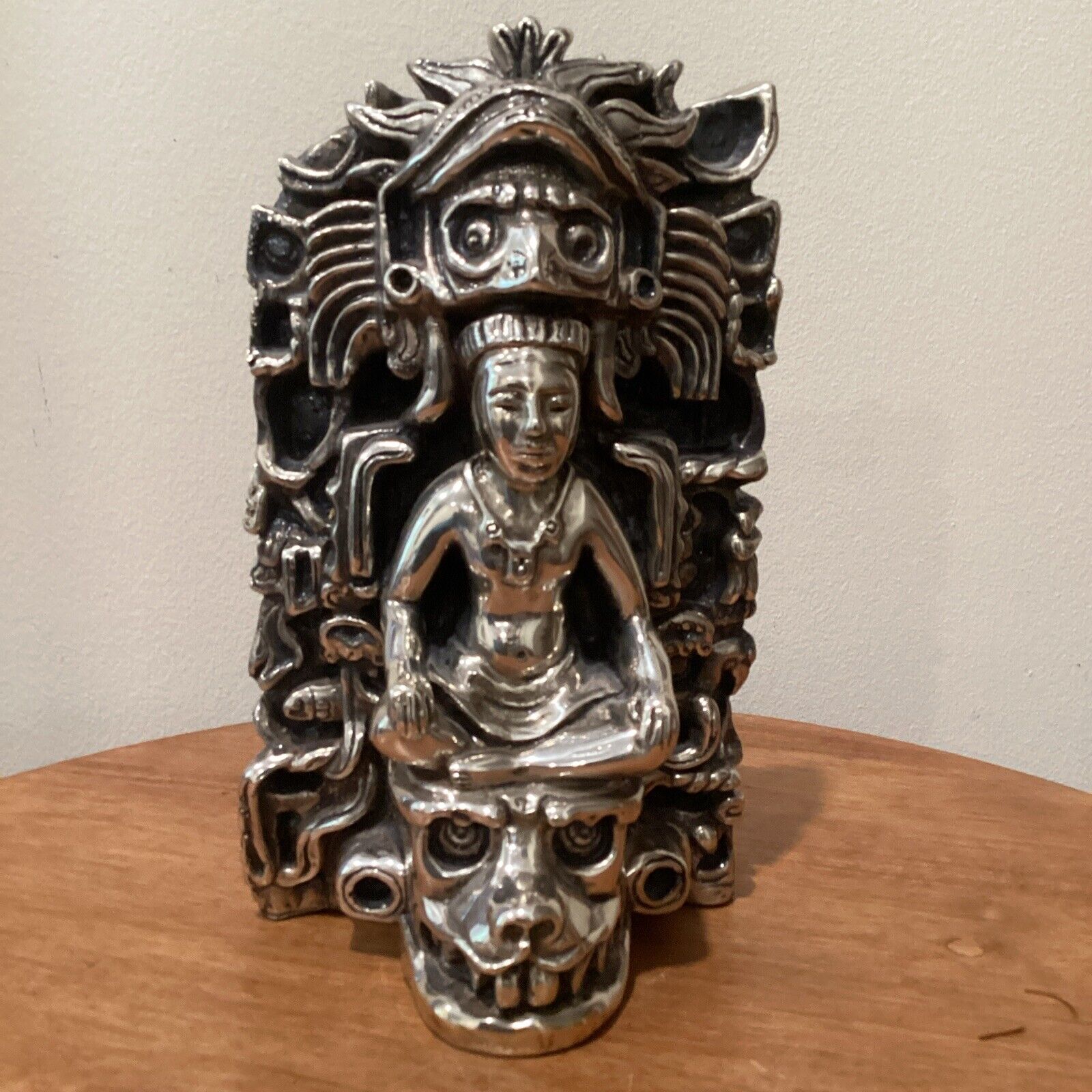 Vintage Authentic Mayan  King With Face Dragon Silver Sculpture Aztec Style