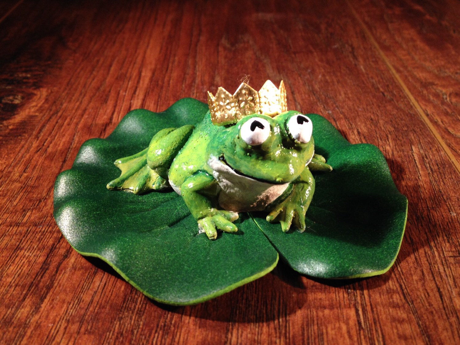 Frog Prince Fairy Garden Miniature Sculpture With A Golden Crown On A Lily Pad