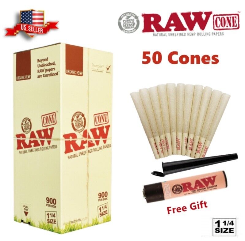 Authentic RAW Organic 1 1/4 Size Pre-Rolled Cones 50 Pack & Raw Lighter & Tube