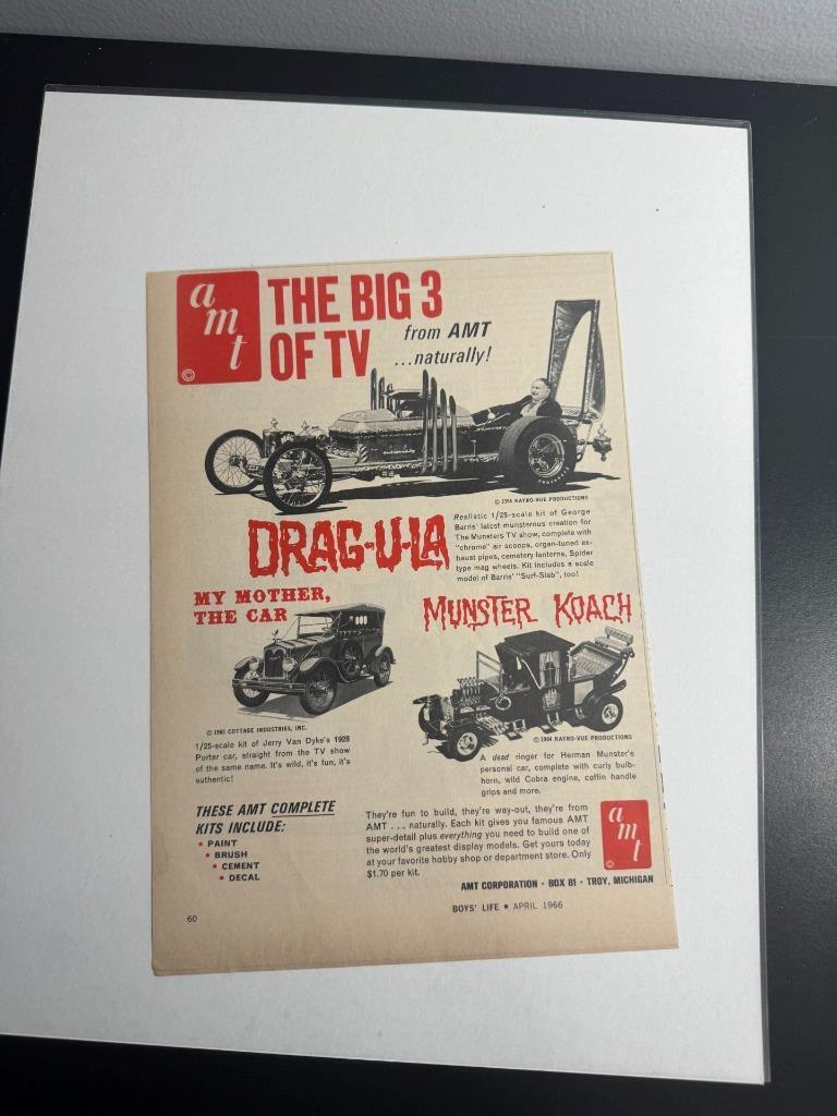 1966 AMT Model Kits Vintage Print Ad featuring Munsters Koach & Drag-u-La
