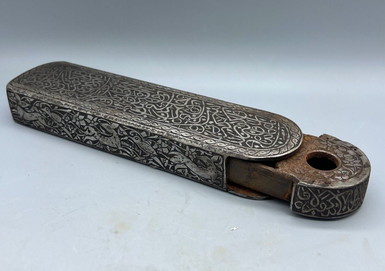Exceptionally Rare Iron  Inkwell, Ink Pigment Spoon Qalamdan With Engraved 15 Ce