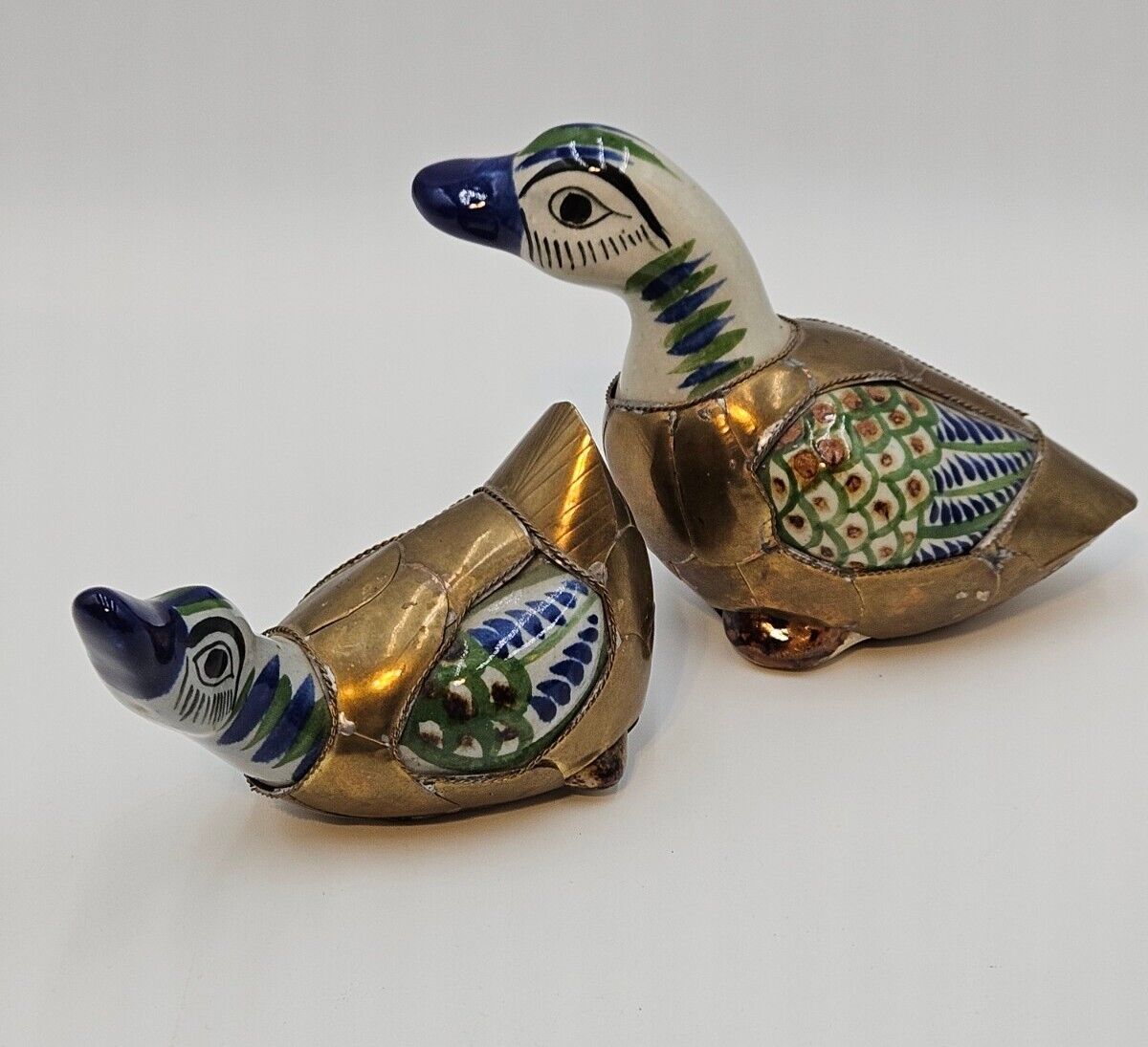 Unique Pair  Mexican Tonala Pottery Ducks Armored Brass & Hand Painted 8 Inch