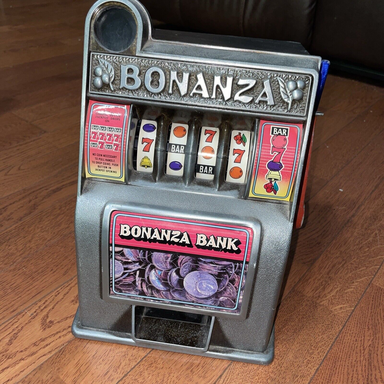 Vintage Bonanza 11” Toy Slot Machine 4 Reel Bank Coins Money Pretend Play   BKT