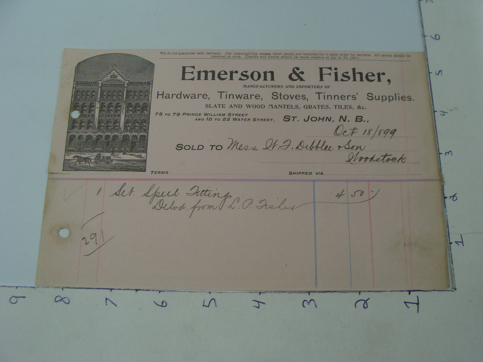 original BILLHEAD: EMERSON & FISHER hardware tinware stoves 1899 ST JOHN N.B.
