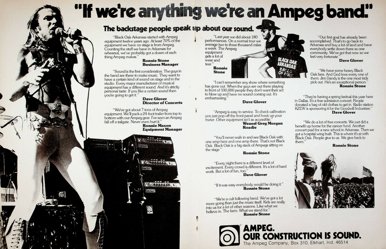 1976 Black Oak Arkansas Band Ampeg Sound Guitar Music Amplifiers - Vintage Ad
