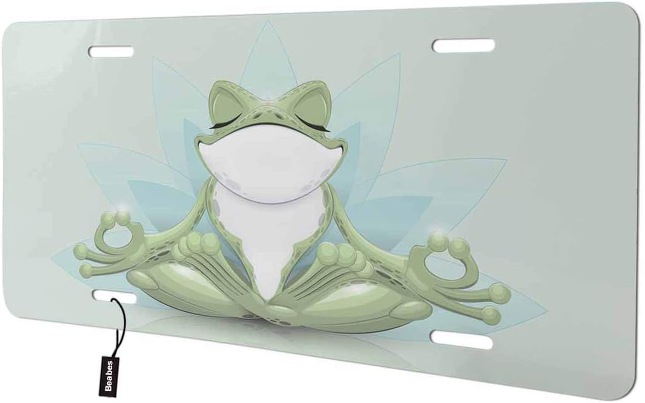 Yoga Frog Closing Eyes in Lotus Front License Plate Cover,Funny Cute Animal Deco