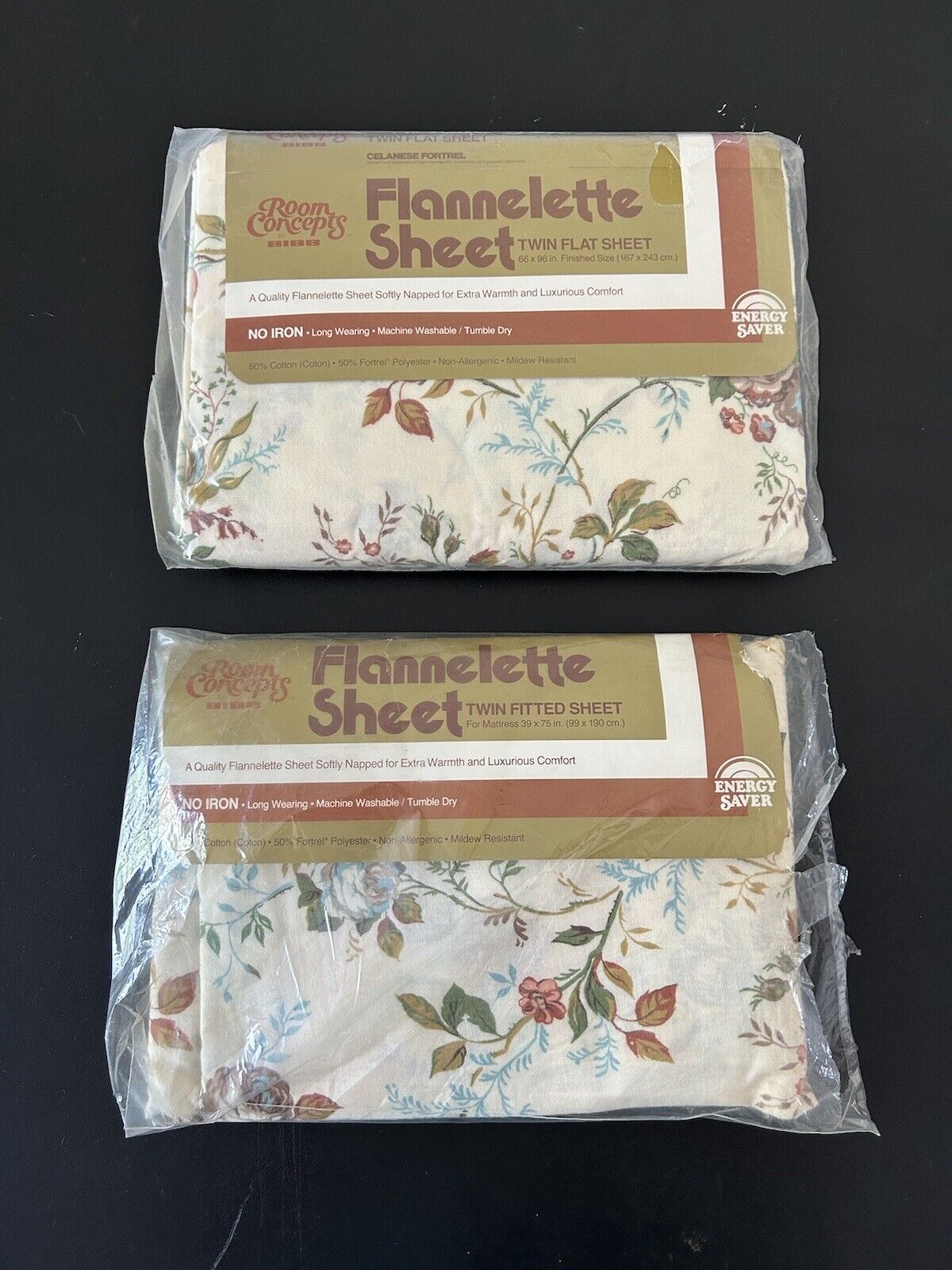 Vintage Floral Cotton Blend Flannelette Twin Sheet Set By Bibb NOS Set Of 2