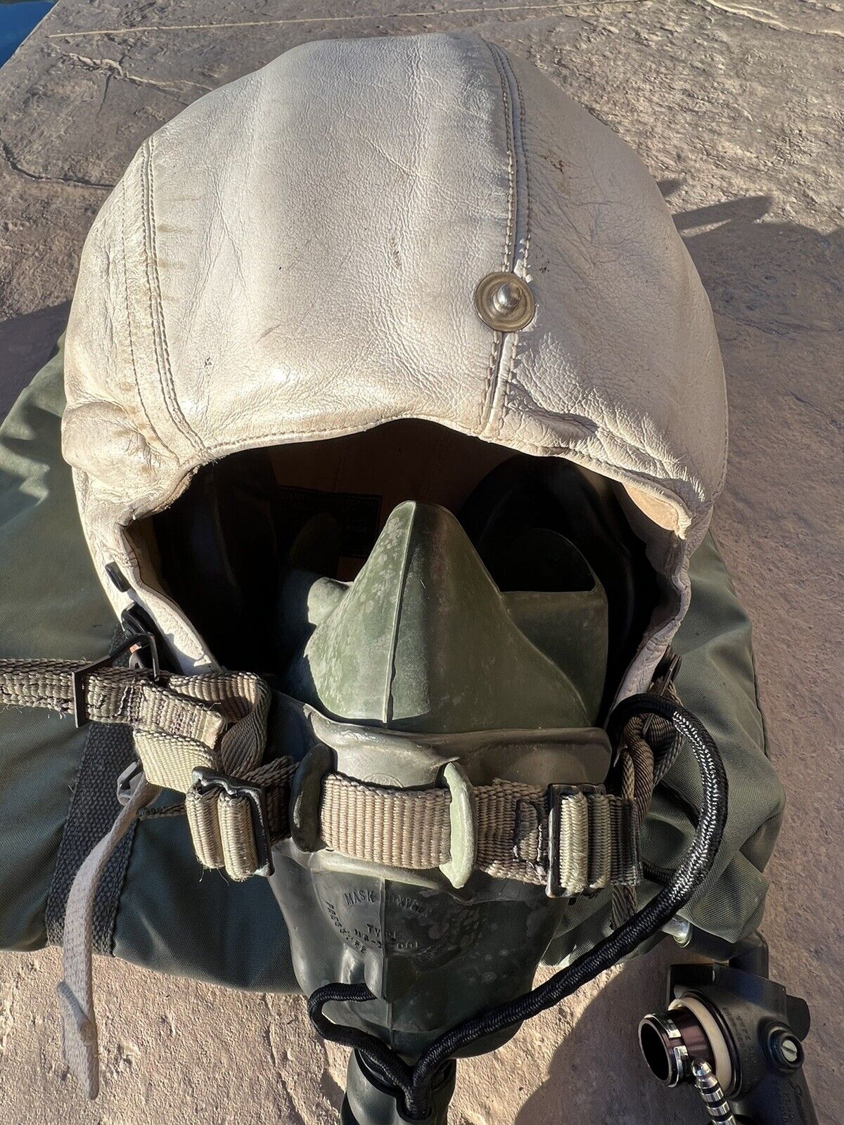 1957 USAF Issued MB-3 Fighter Pilot White Leather Helmet Oxygen Mask Bag Set