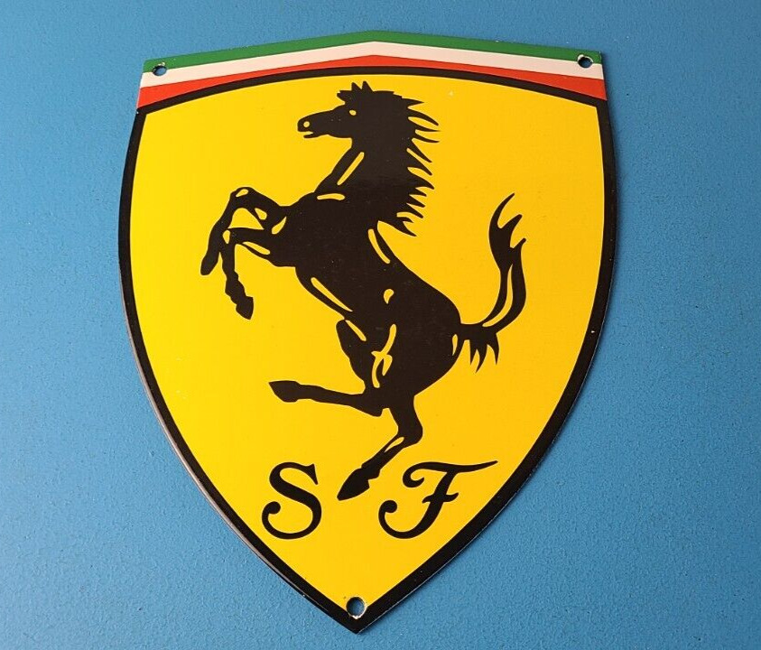 Vintage Ferrari Sign - F1 Racing Shield Sign - Porcelain Auto Gas Pump Sign