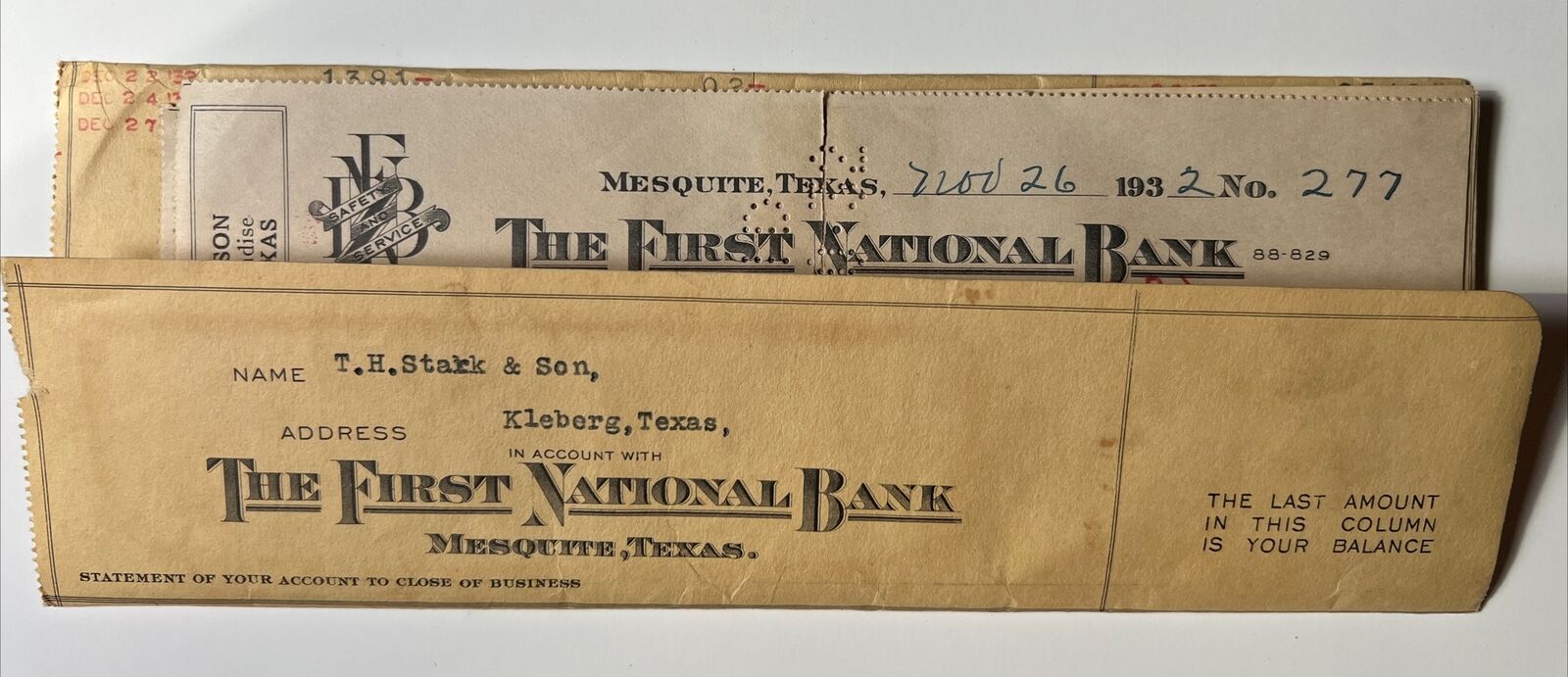 Vintage 1928 First National Bank MESQUITE Texas KLEBURG 26  Checks TH STARK & Co