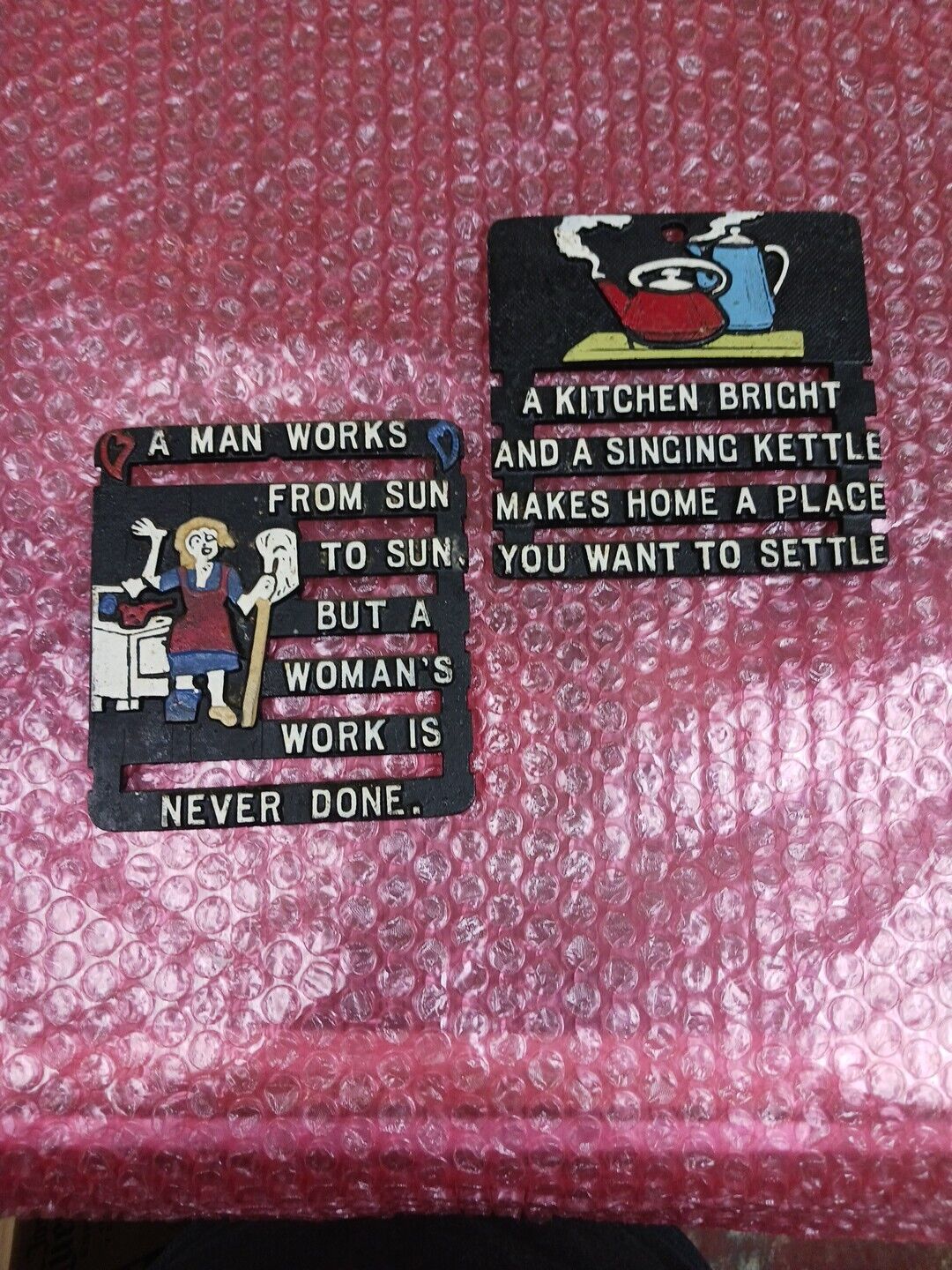 2 Vintage Cast Metal Trivets with Cute Sayings  Mid Century Kitchen