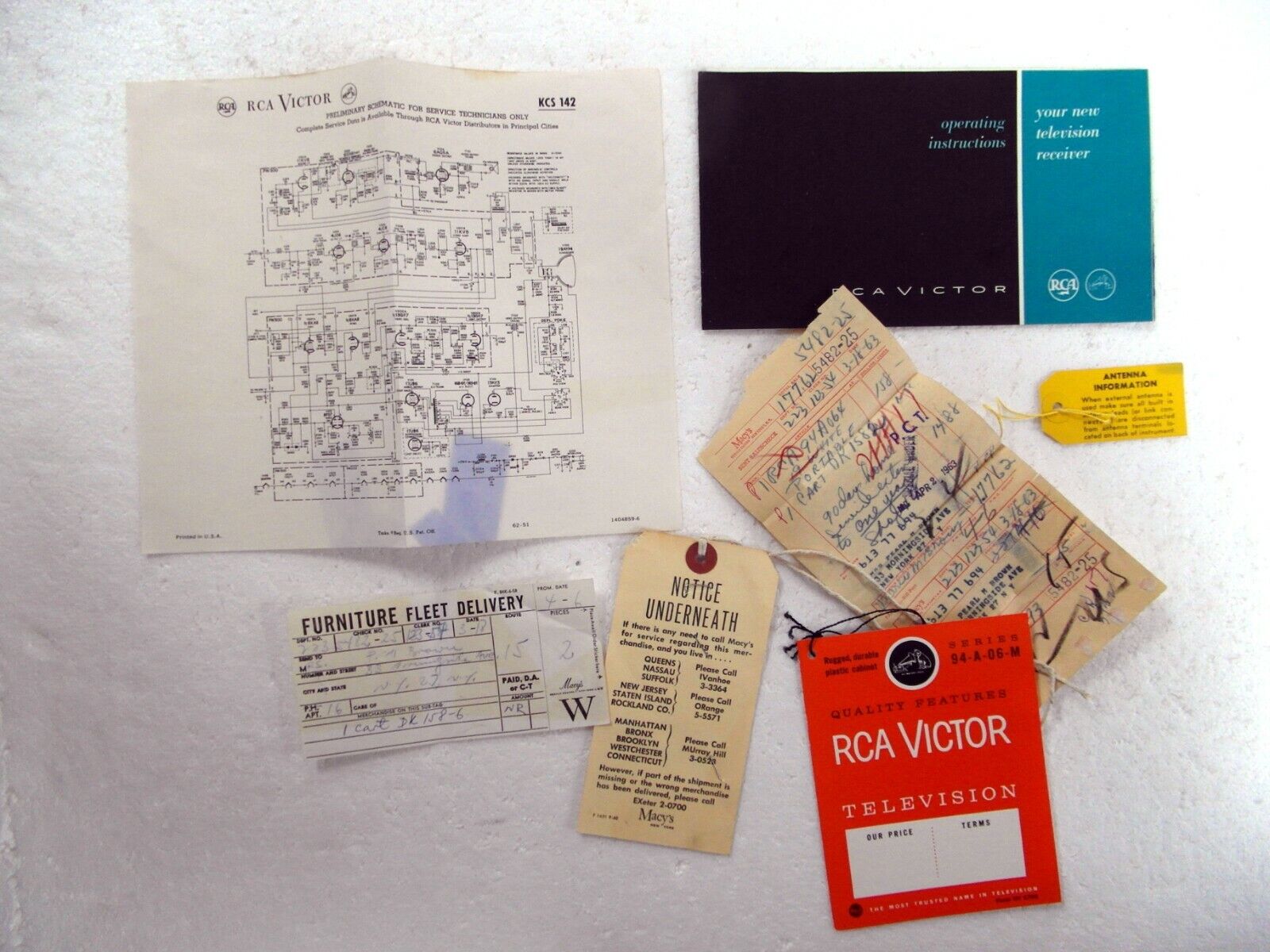 Vintage 1963 RCA TV Instructions, Macy\'s Receipt and more KCS 142  #744