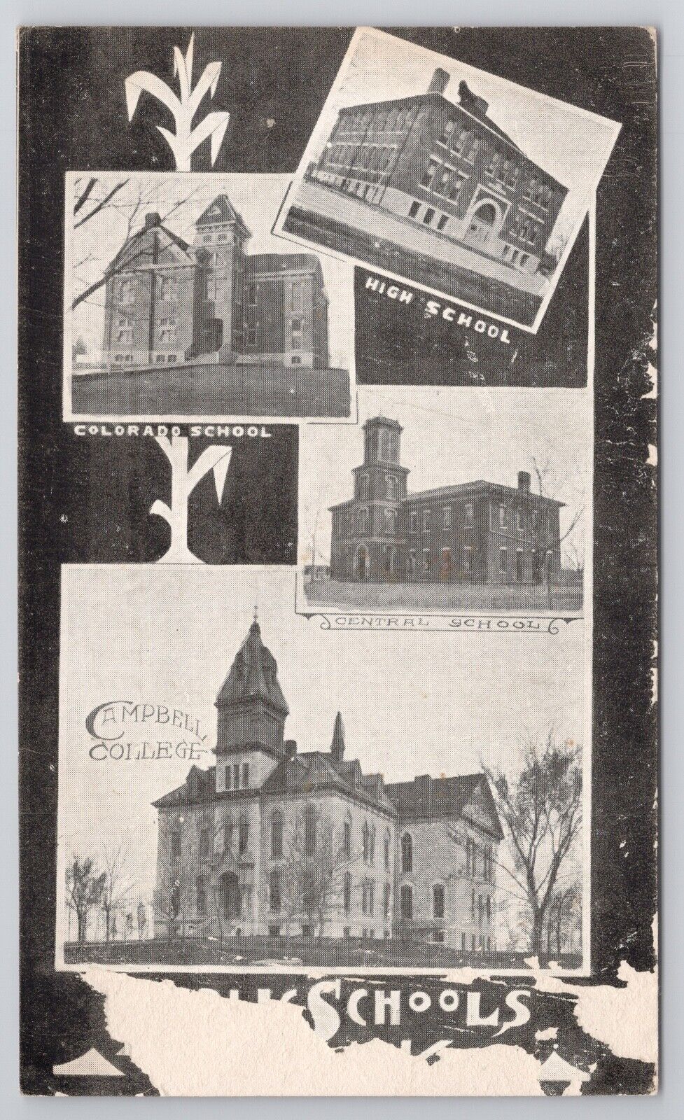 SCHOOL BUILDINGS IN HOLTON KANSAS, MULTI-VIEW POSTCARD, JACKSON COUNTY KS c 1911