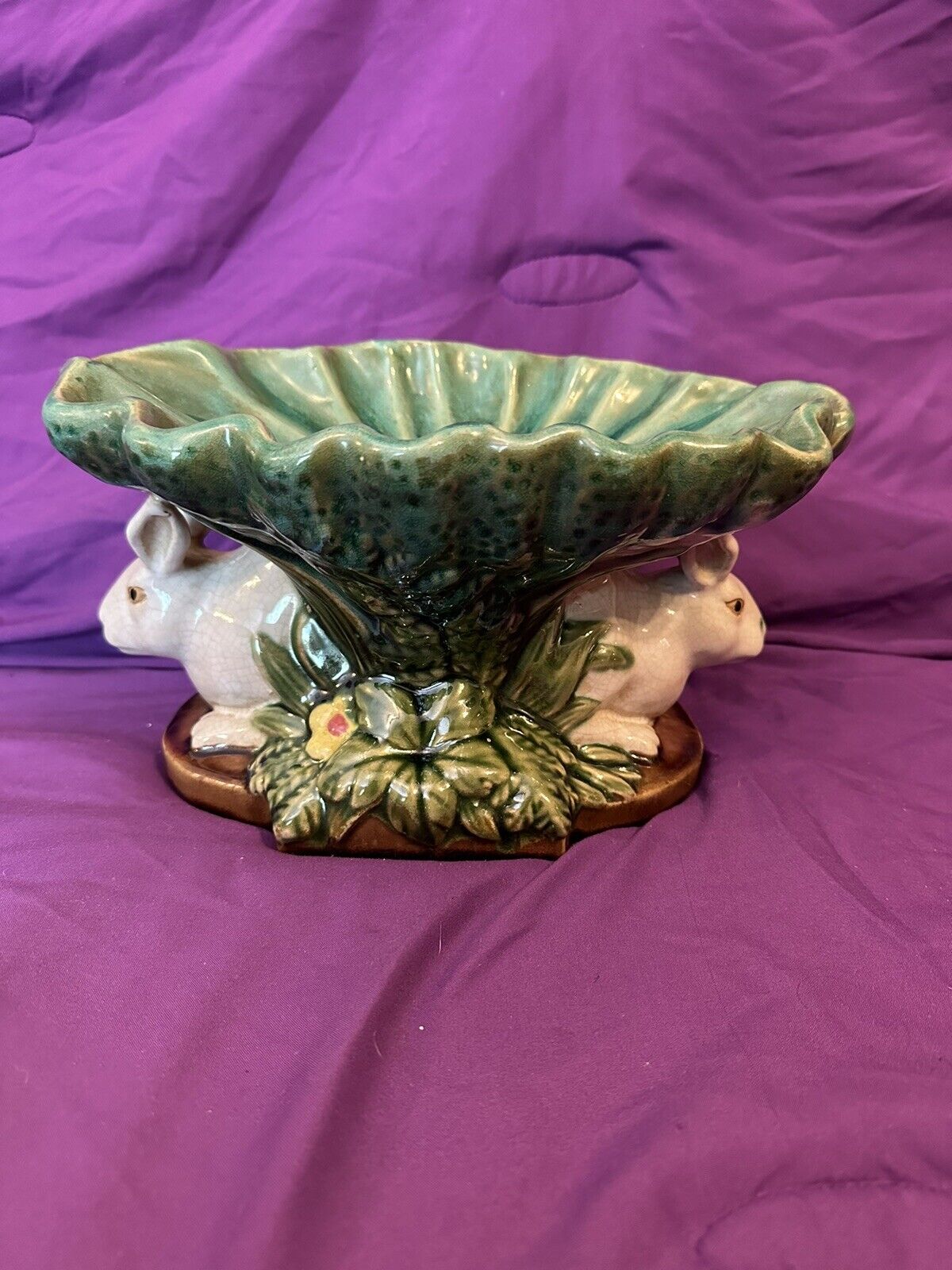 LEFTON - TWO RABBITS PEDESTAL CERAMIC COMPOTE / FRENCH COTTAGE BOWL 