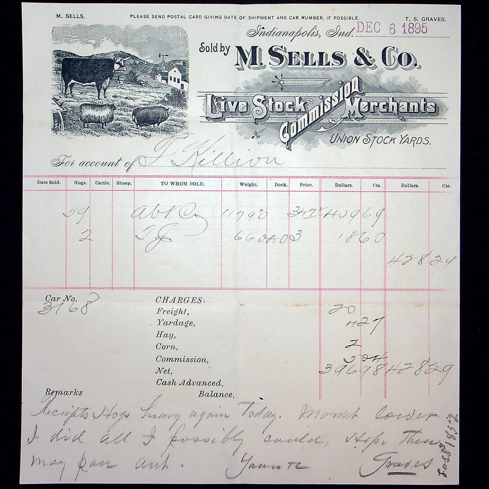 Live Stock Commission Letterhead 1895 Union Stock Yard M Sells & Co Indianapolis