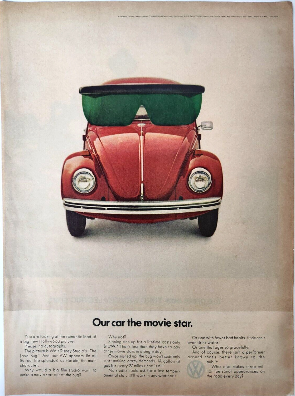 Disney Movie Star Car Volkswagen Bug VW Vintage 1969 Ad Magazine Print Auto