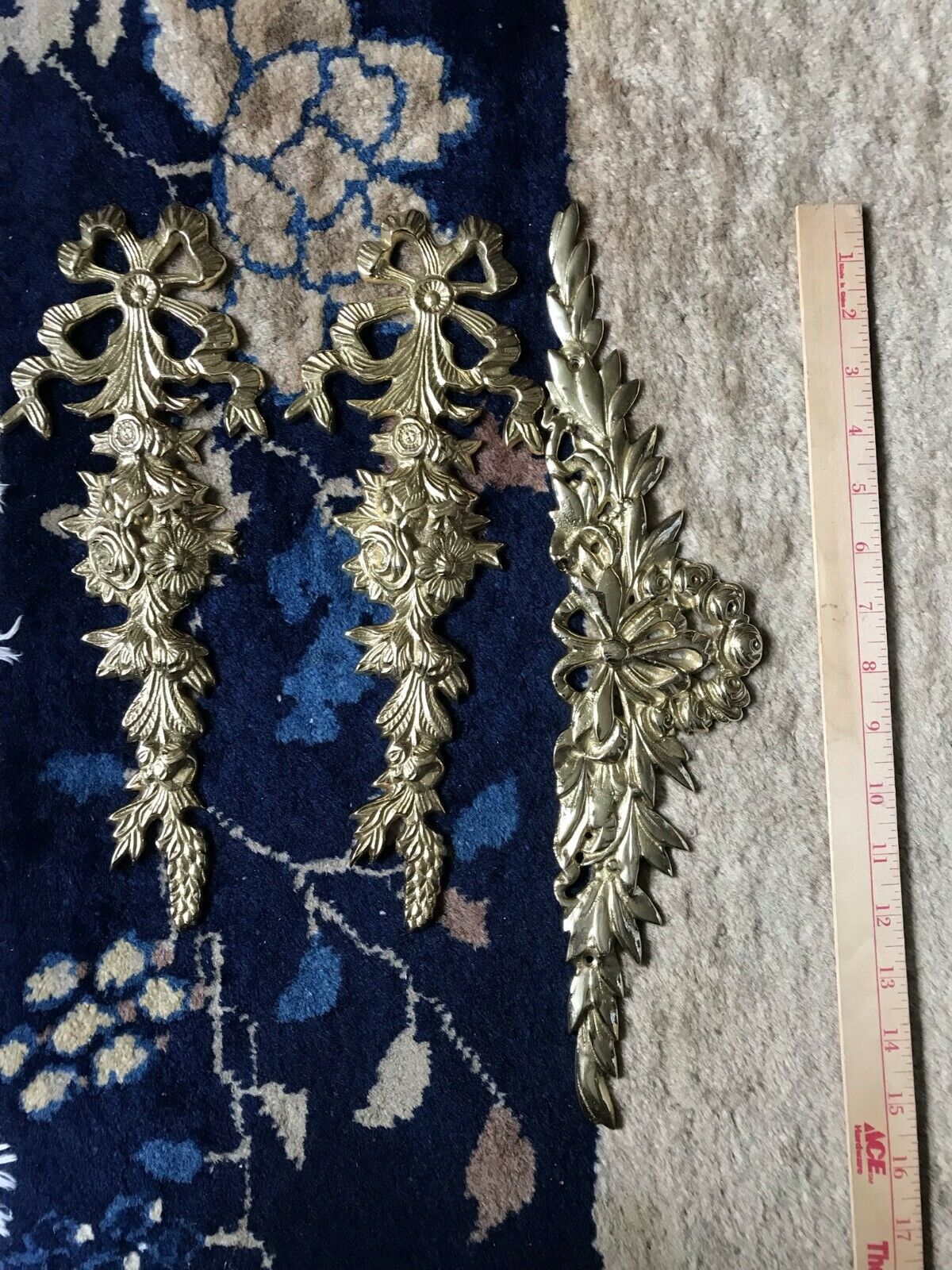 Vintage Solid Brass Ribbon Swags & Ornate Applique Laurel Branch w/ Roses 3 pcs