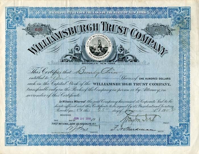 Williamsburgh Trust Co. signed by Brayton Ives - Autographed Stocks & Bonds