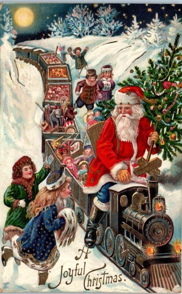 SANTA CLAUS~on TRAIN with TOYS~CHILDREN~SNOW TREE MOON-CHRISTMAS POSTCARD-h733