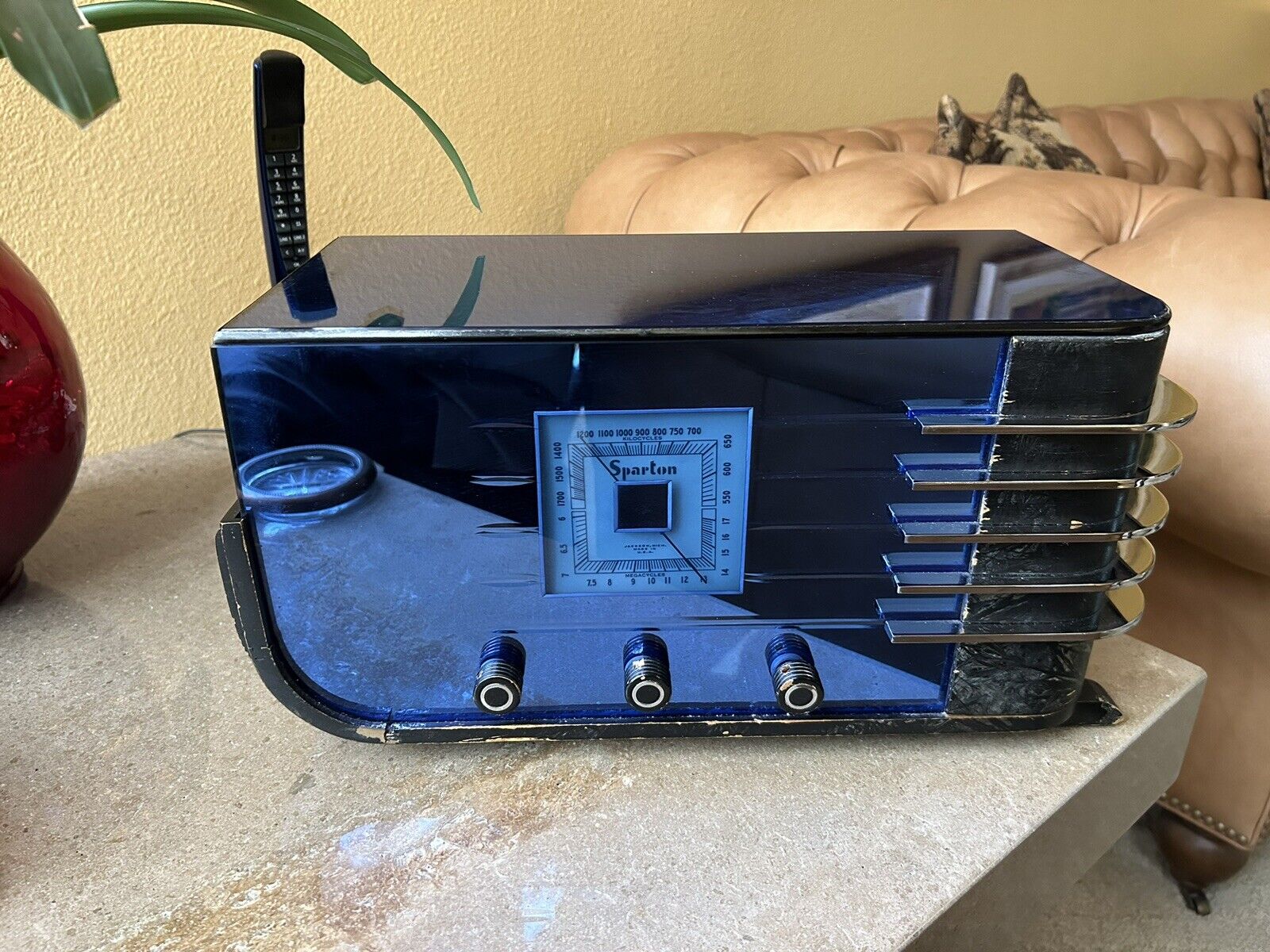 WORKING Sparton 557 Art Deco Blue Mirrored Glass 1930s Made In Mi USA SLED Radio