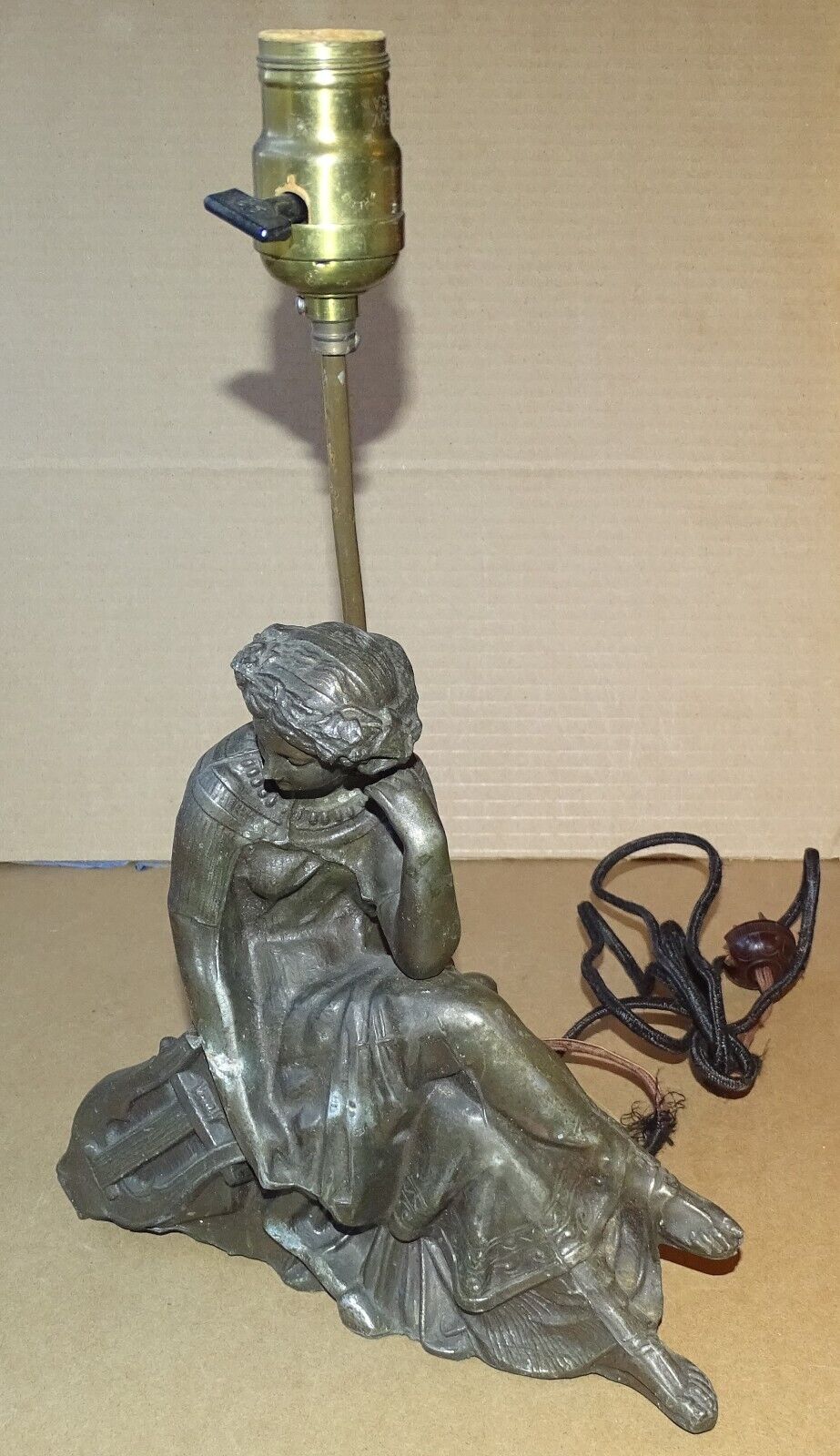 Victorian Woman with Harp Metal Figure Made into Lamp (estate find) NOT WORKING