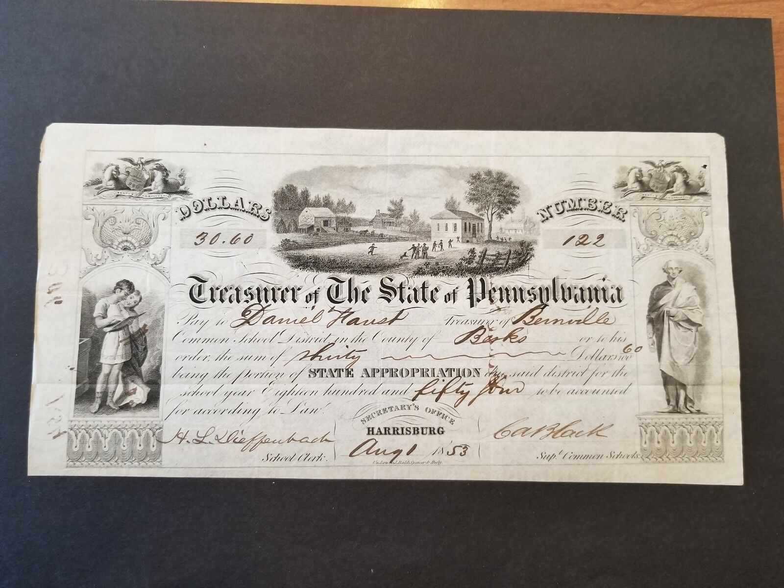 1853 Treasurer of The State Of Pennsylvania Check Certificate Stock 
