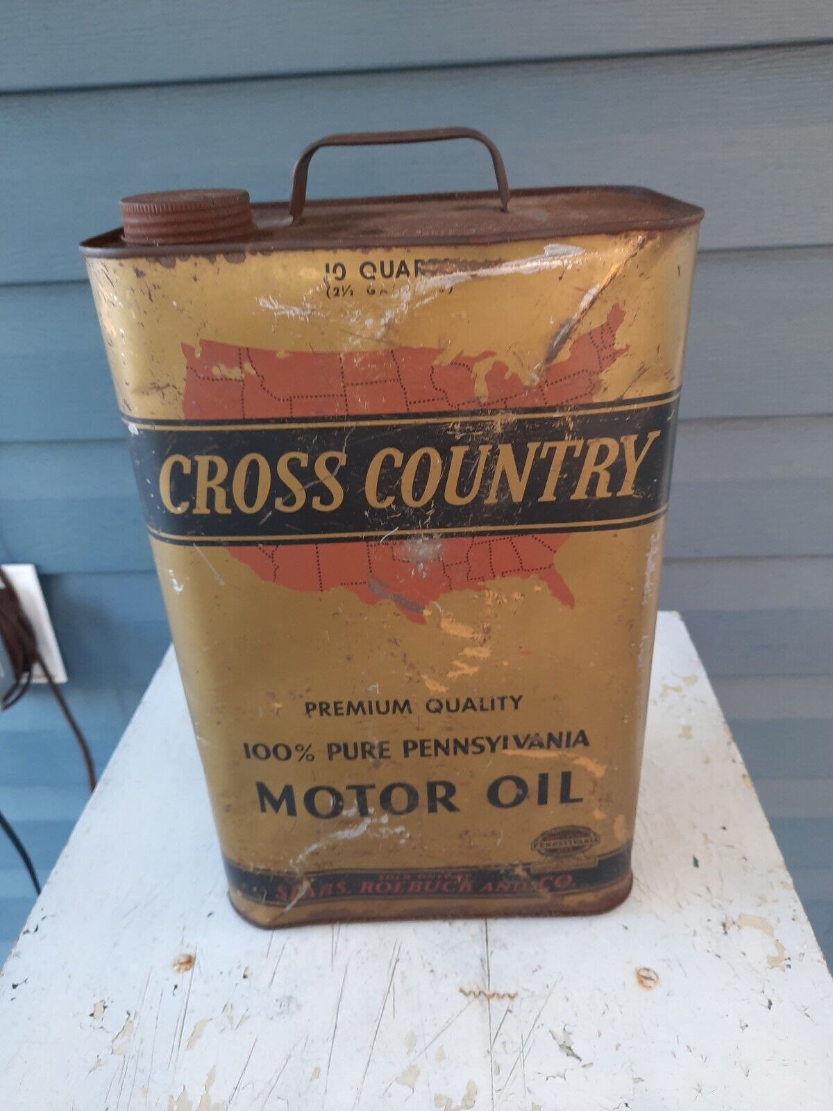 Vintage 1930s 40s Cross Country Motor Oil Can Tin. Sears Roebuck & Co. 2 1/2 Ga.