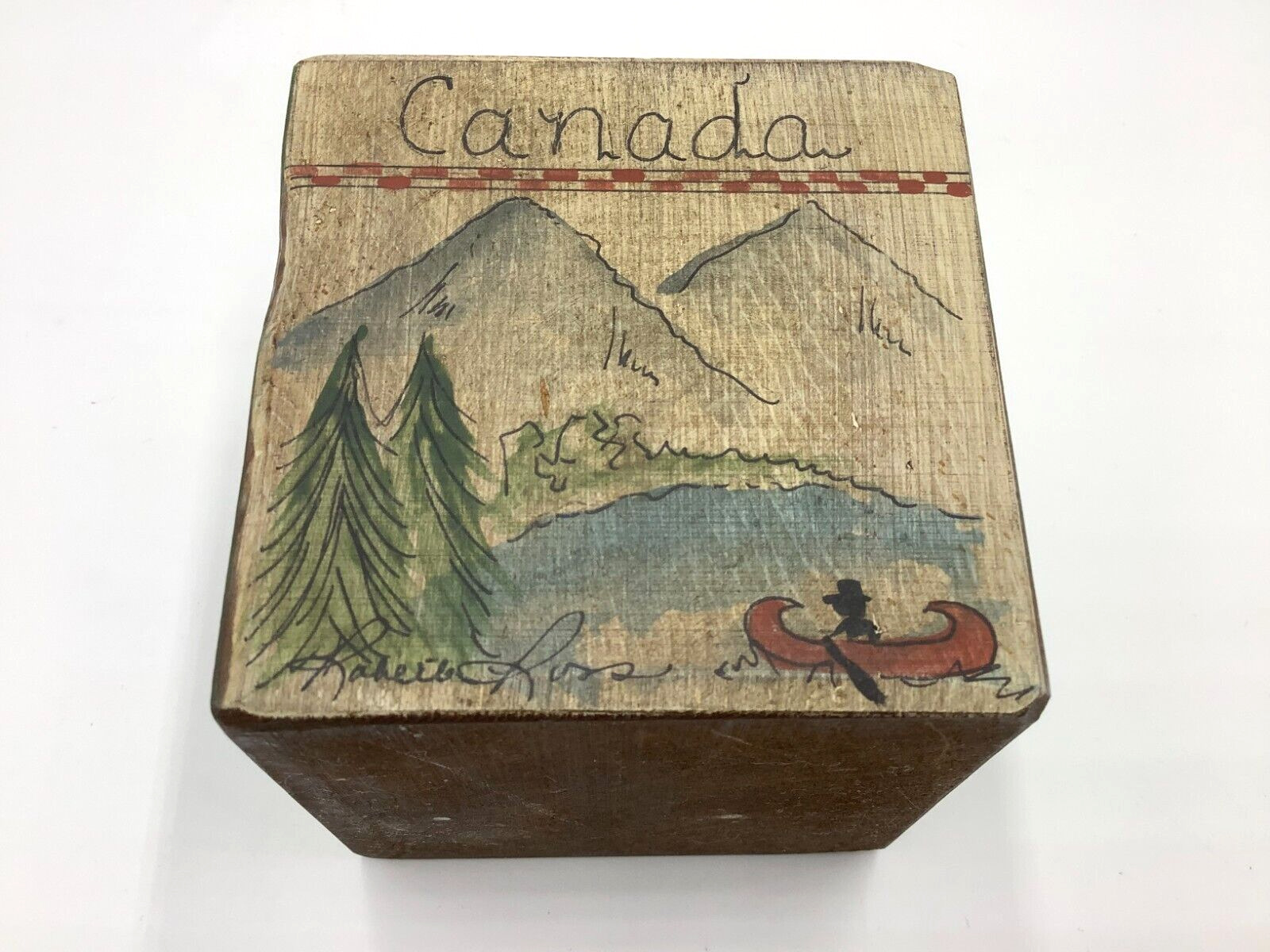 Roberta Ross Vintage 1990\'s Folk Art Hand Painted Wood Block - CANADA