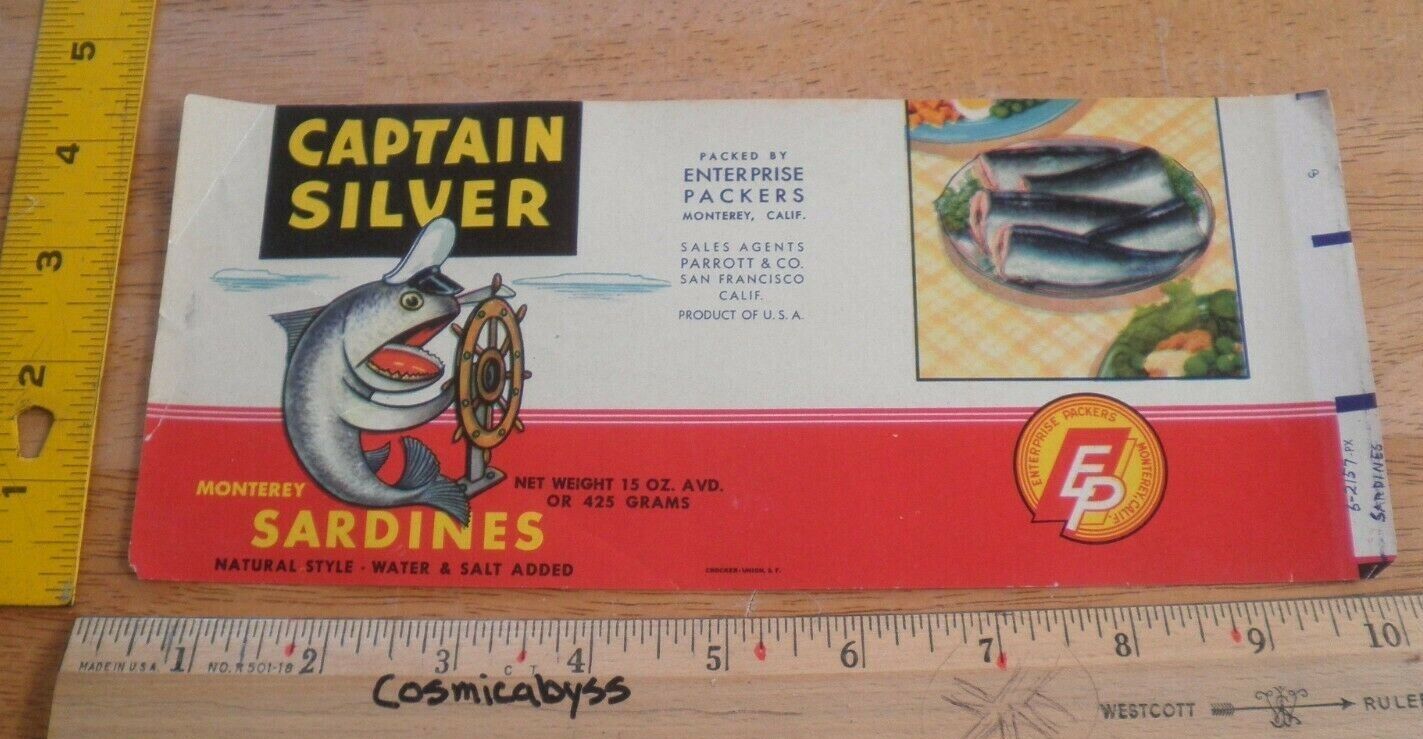 Captain Silver Monterey Sardines 1960\'s can label Enterprise Packers CA