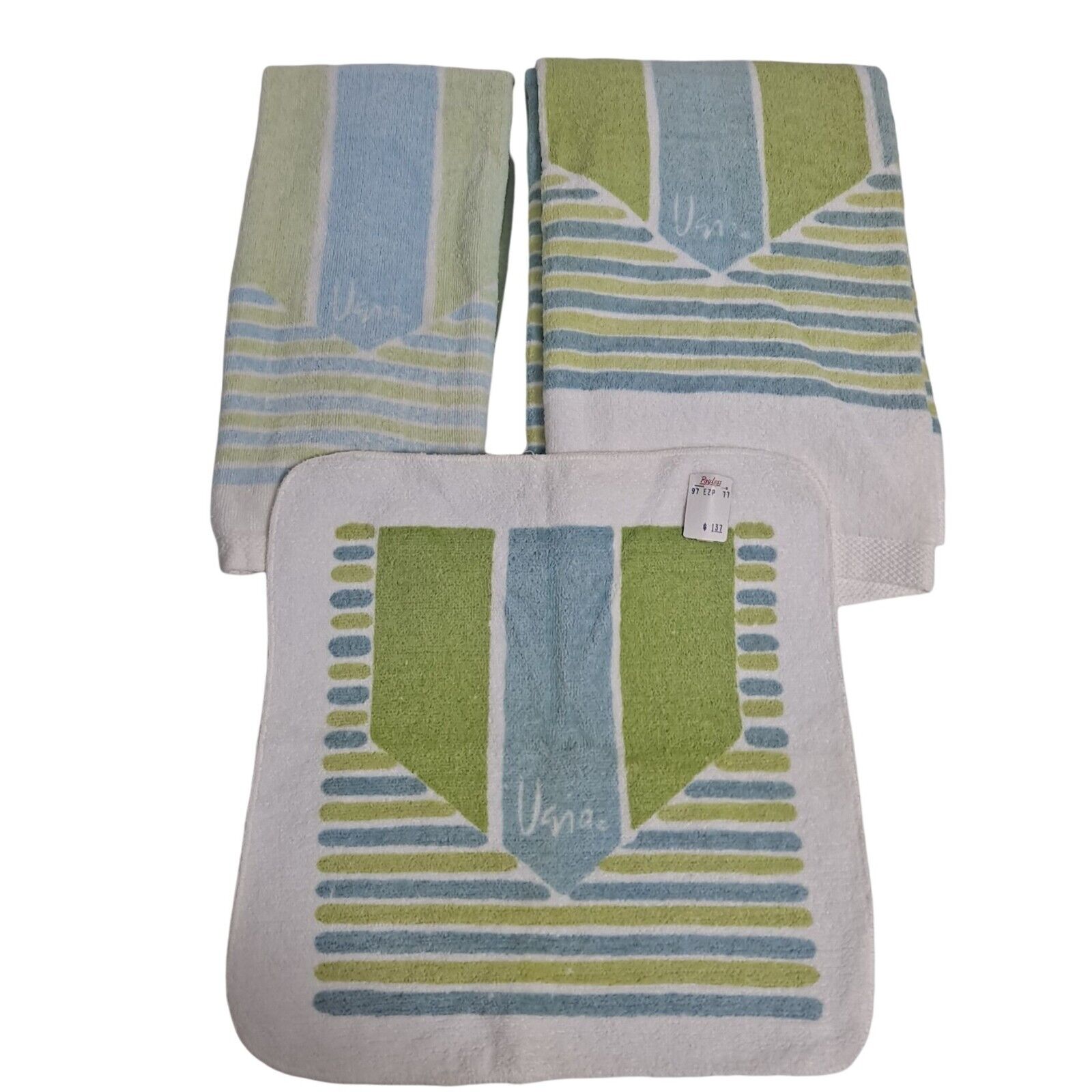 Vintage Vera Neumann Towel Washcloth Hand towel Set Blue Green 70s NEW Old Stock