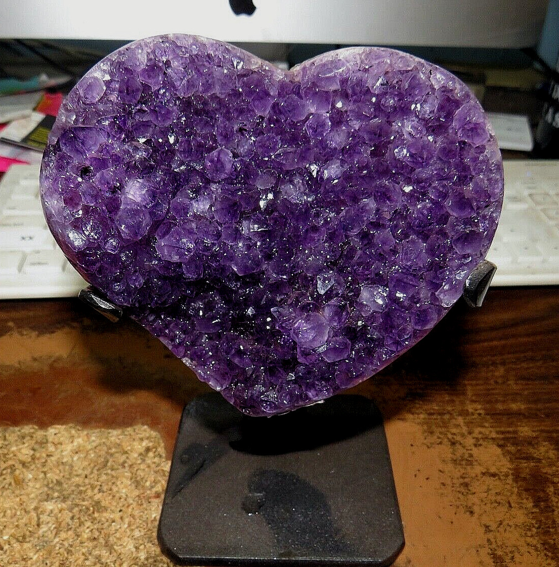 LARGE AMETHYST CRYSTAL CLUSTER HEART GEODE F/ URUGUAY CATHEDRAL STEEL STAND; 20