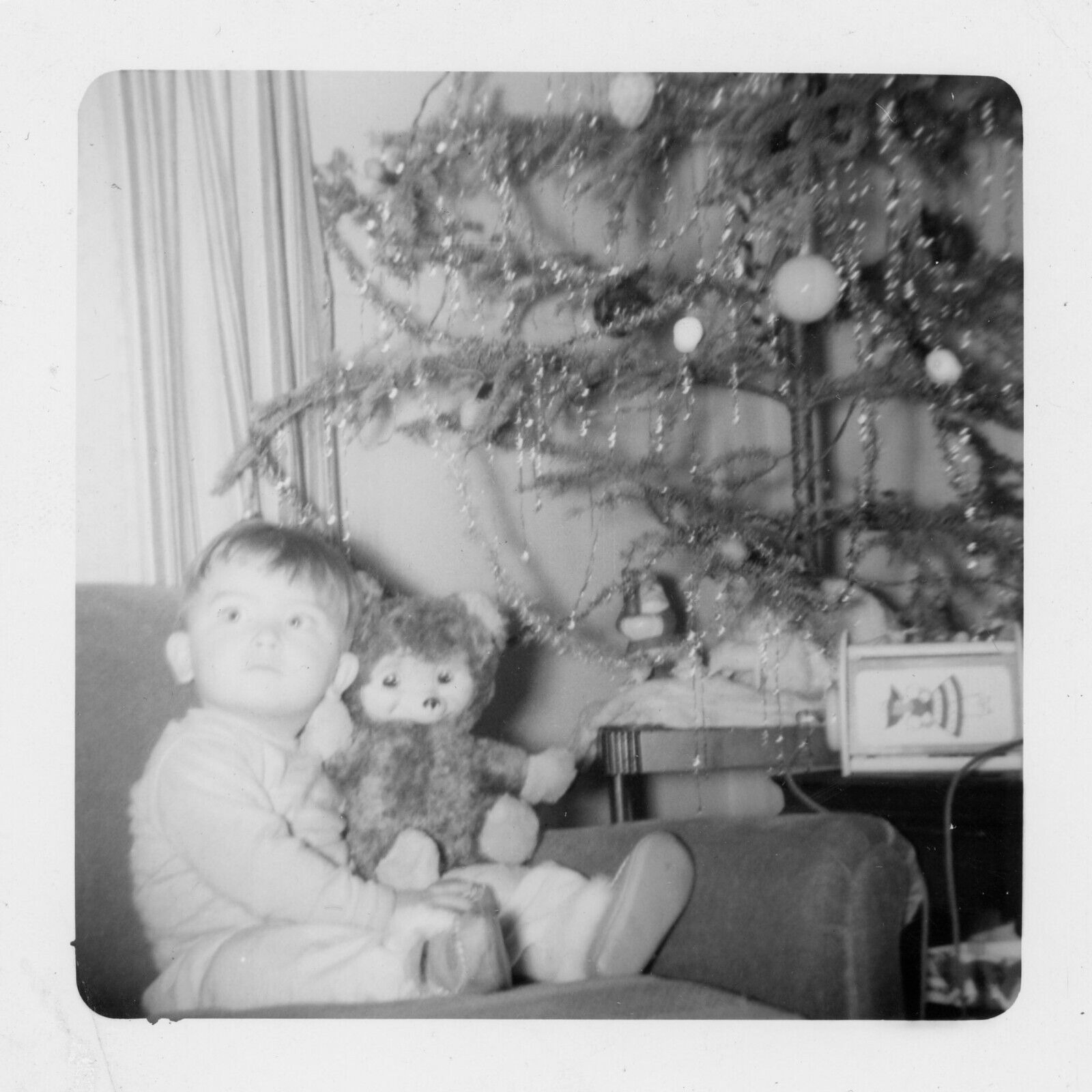 VTG Photo Little Boy Christmas Tree Toy Rushton Teddy Bear Rubber Face