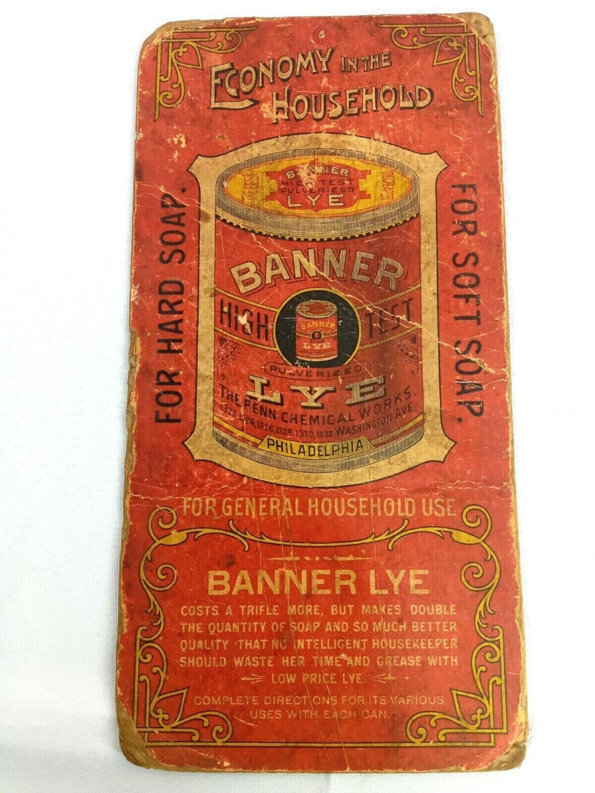 Vintage Banner Lye Advertising Sign Cardboard Penn Chemical Works
