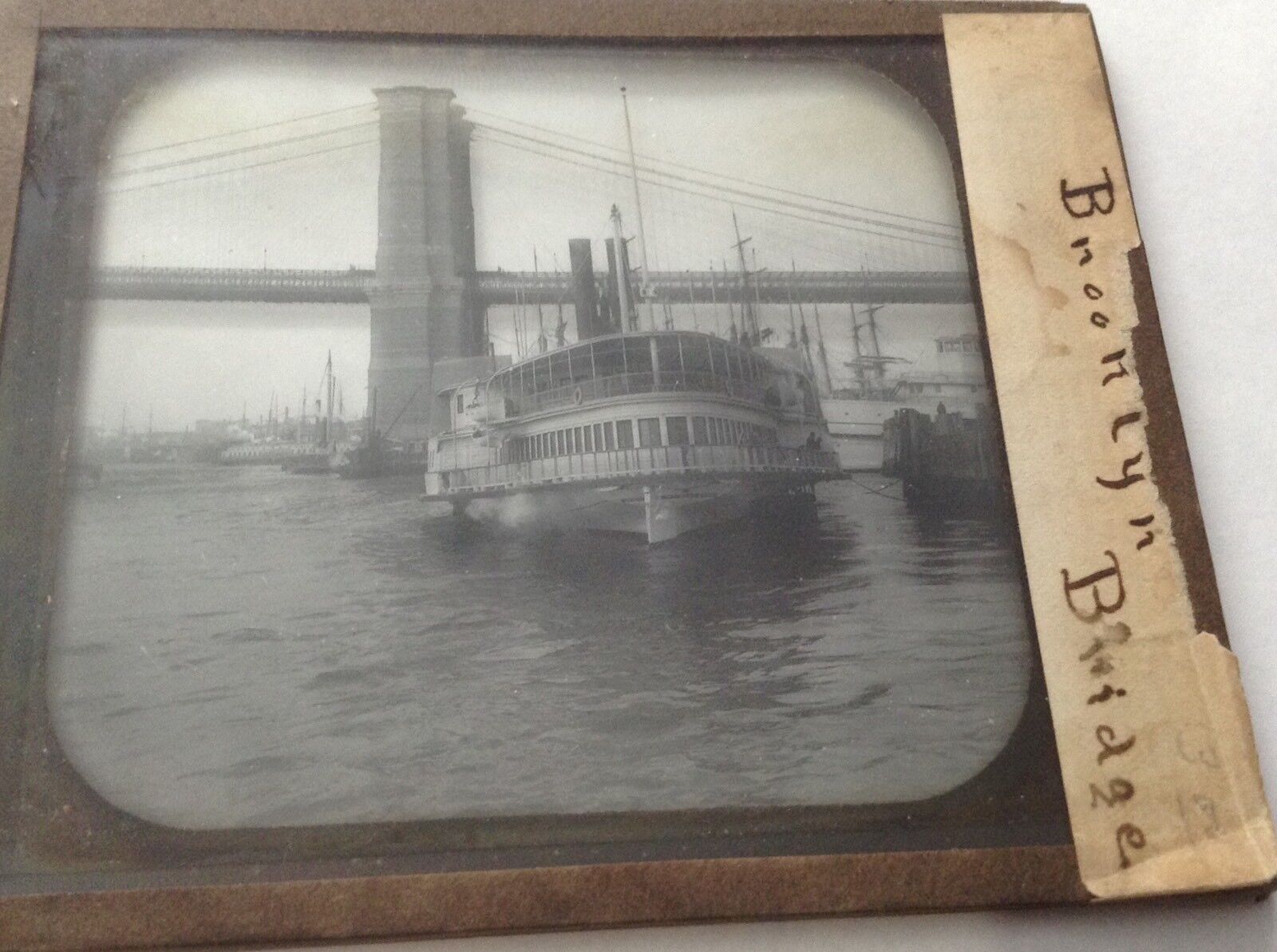 2 Antique Glass Magic Lantern Slide's Brooklyn Bridge Boats Tall Mast  NEW YORK