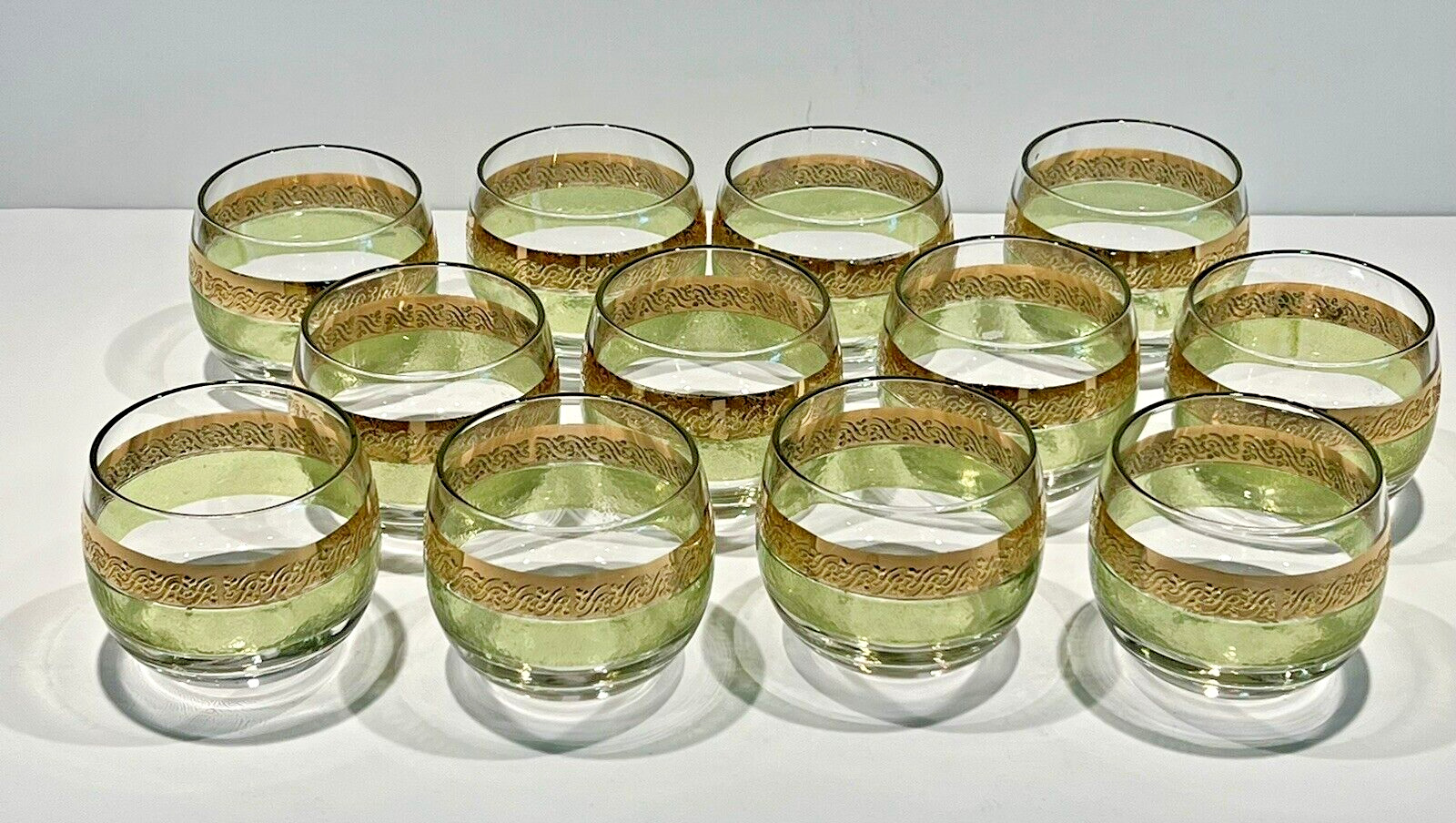 Vtg (12) Culver Starlyte Roly Poly Lowball Old Fashioned Glasses 22K Green 2.5\