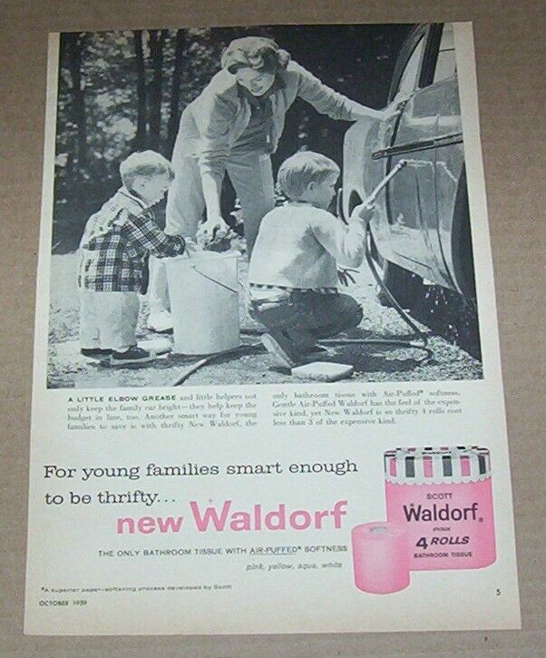 1959 print ad - Scott paper Waldorf tissue Cute little boys family Advertising