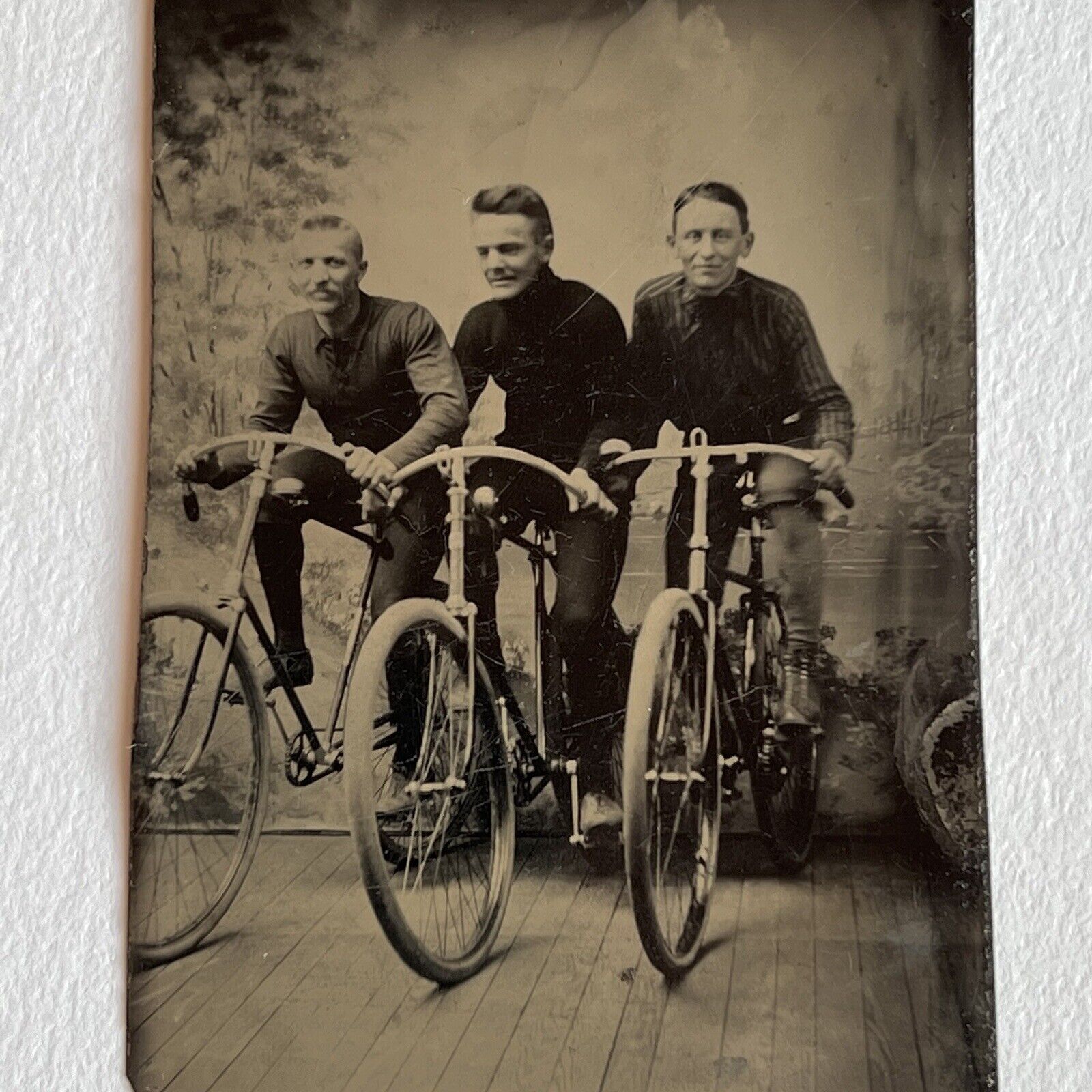 Antique Tintype Photograph 3 Handsome Men Riding Bicycles Bike Collectible