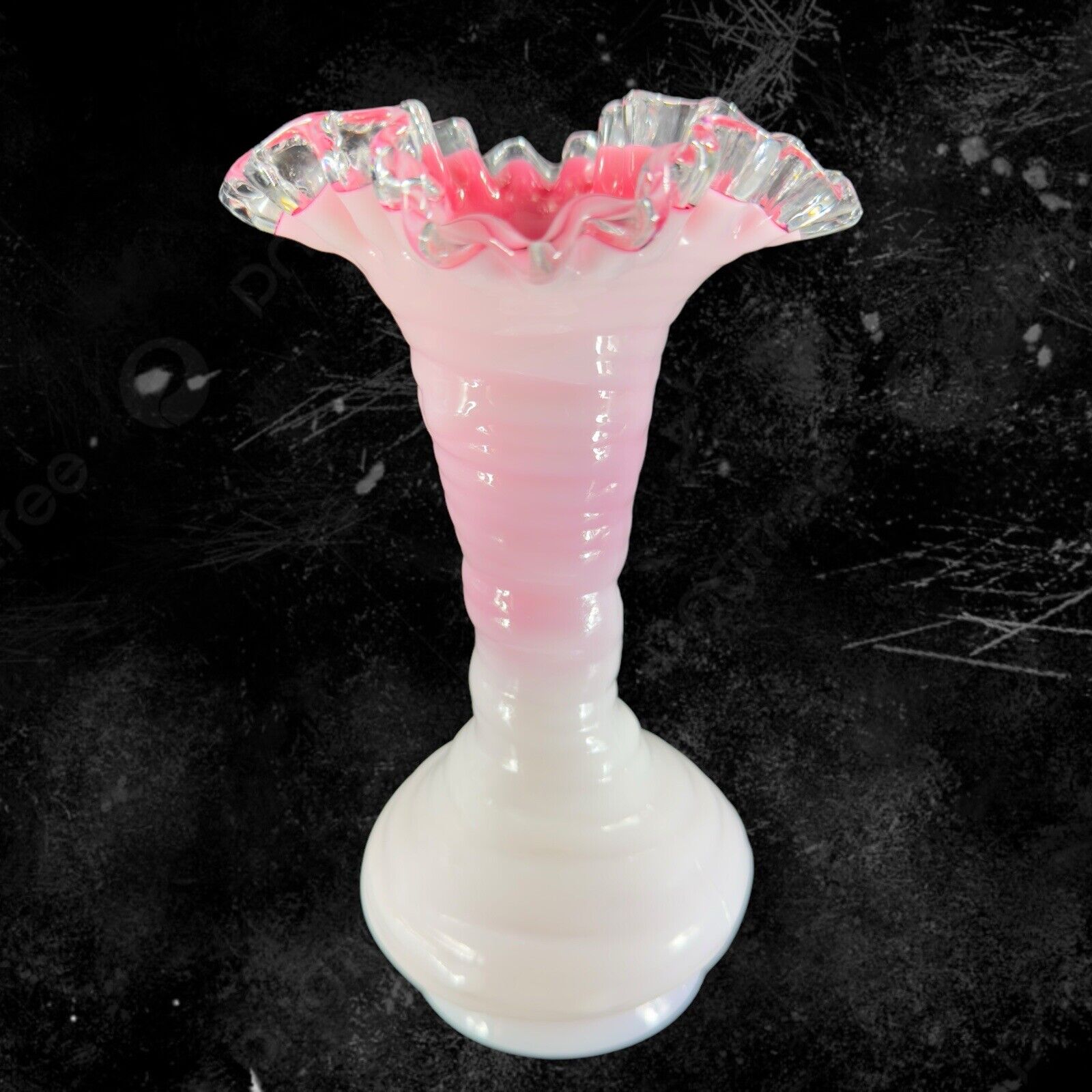 Vintage Early Fenton Pink White Peach Crest Vase Clear Ruffled Edge Pink Inside